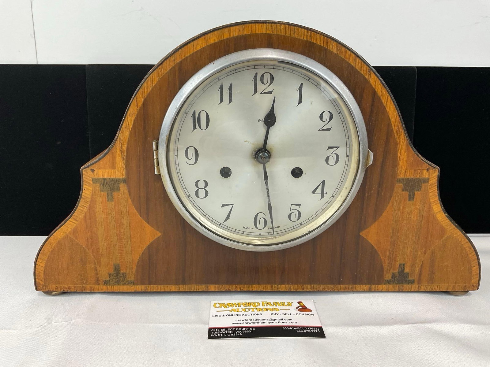 Early 20th Century Mantel Clock w/Key, Time Strike, 10h x 16w x 6d in, Lovely Marquetry Wood Inlay: All from the same collection. Appears to be in fair to good shape. The piece measures approx 10h x 16w x 6d inches. See pics. E-5580 