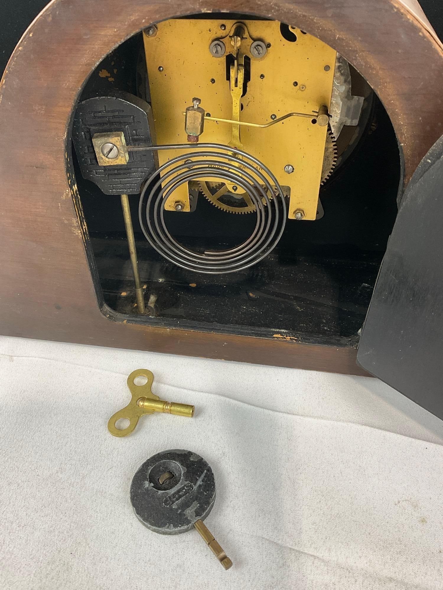 Early 20th Century Mantel Clock w/Key, Time Strike, 10h x 16w x 6d in, Lovely Marquetry Wood Inlay - 3