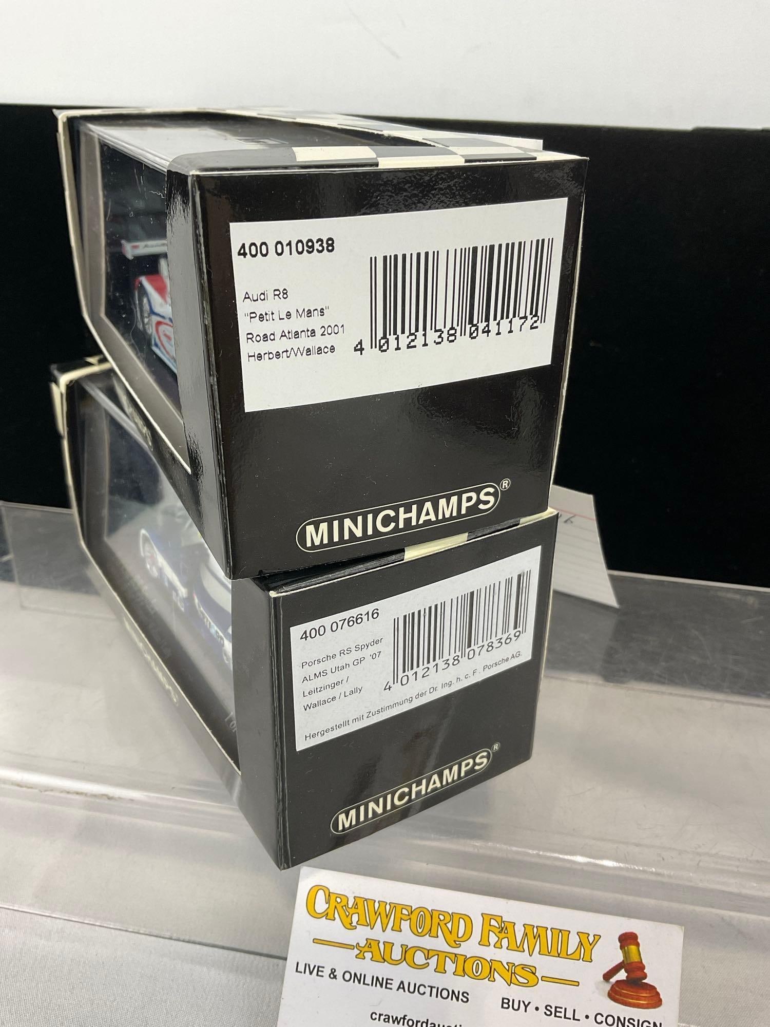 2 Minichamps 1/43 Scale Diecast Cars, Audi R8 2001 & 2007 Porsche RS Spyder - 2