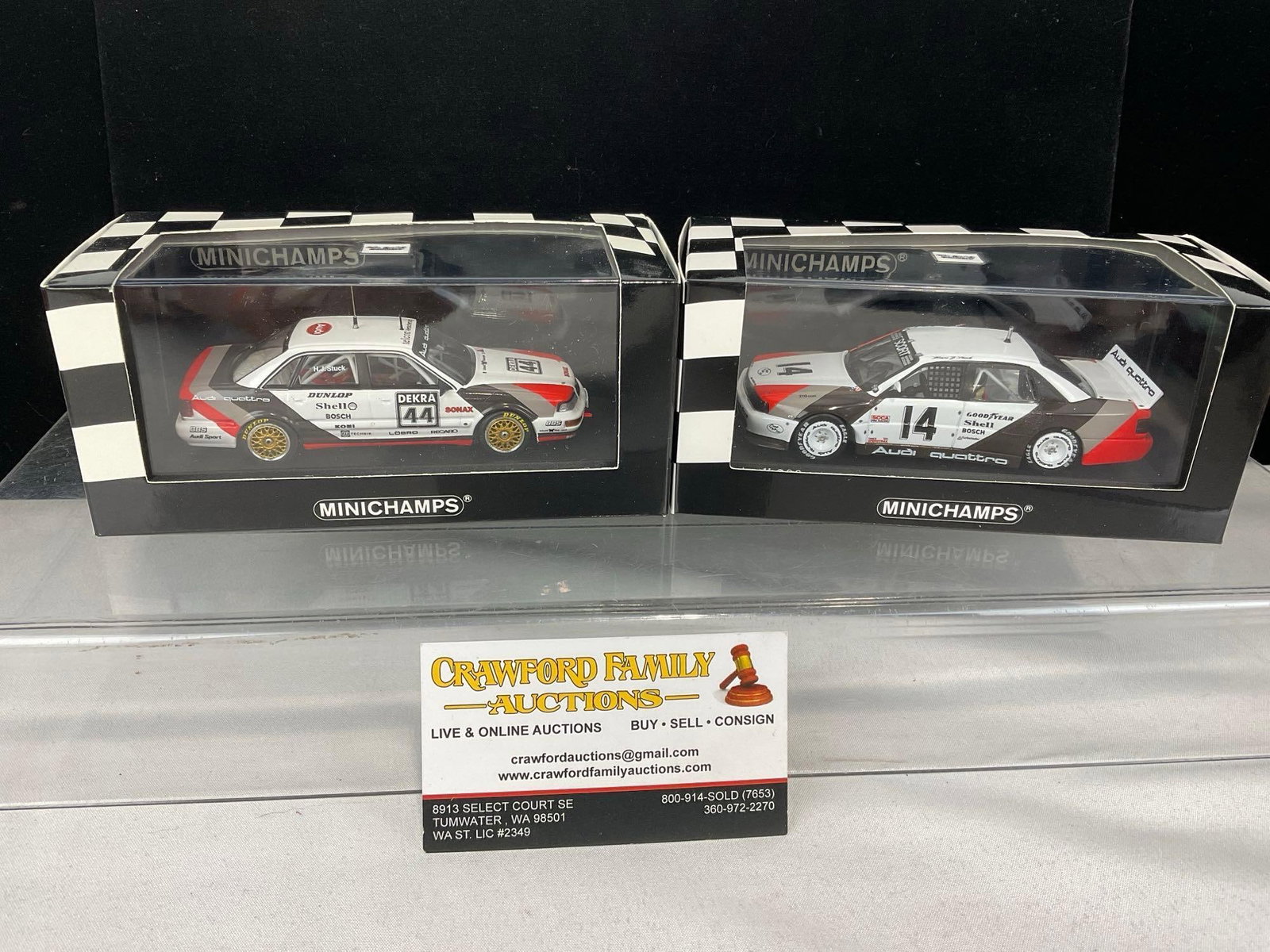 2 Minichamps 1/43 Scale Diecast Cars, 1998 Audi Quattro & 1990 Audi V8 DTM Hans Stuck: Appears to be in good shape. The piece measures approx 7h x 7w x 4d inches. See pics. E-5420 