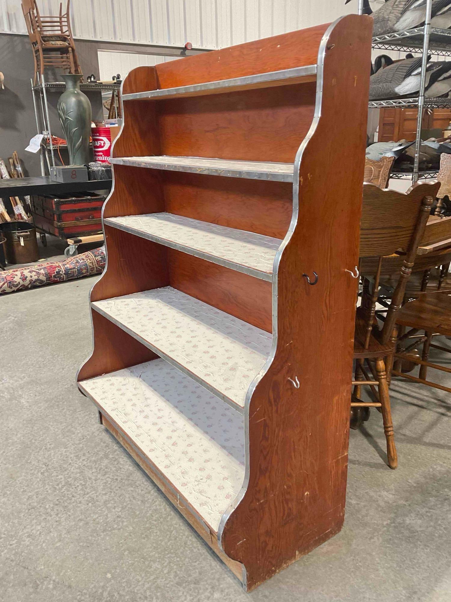Vintage Oak Wood Waterfall Bookcase w/ 5 Shelves & Metal Bands. Very Good Condition. See pics. - 2