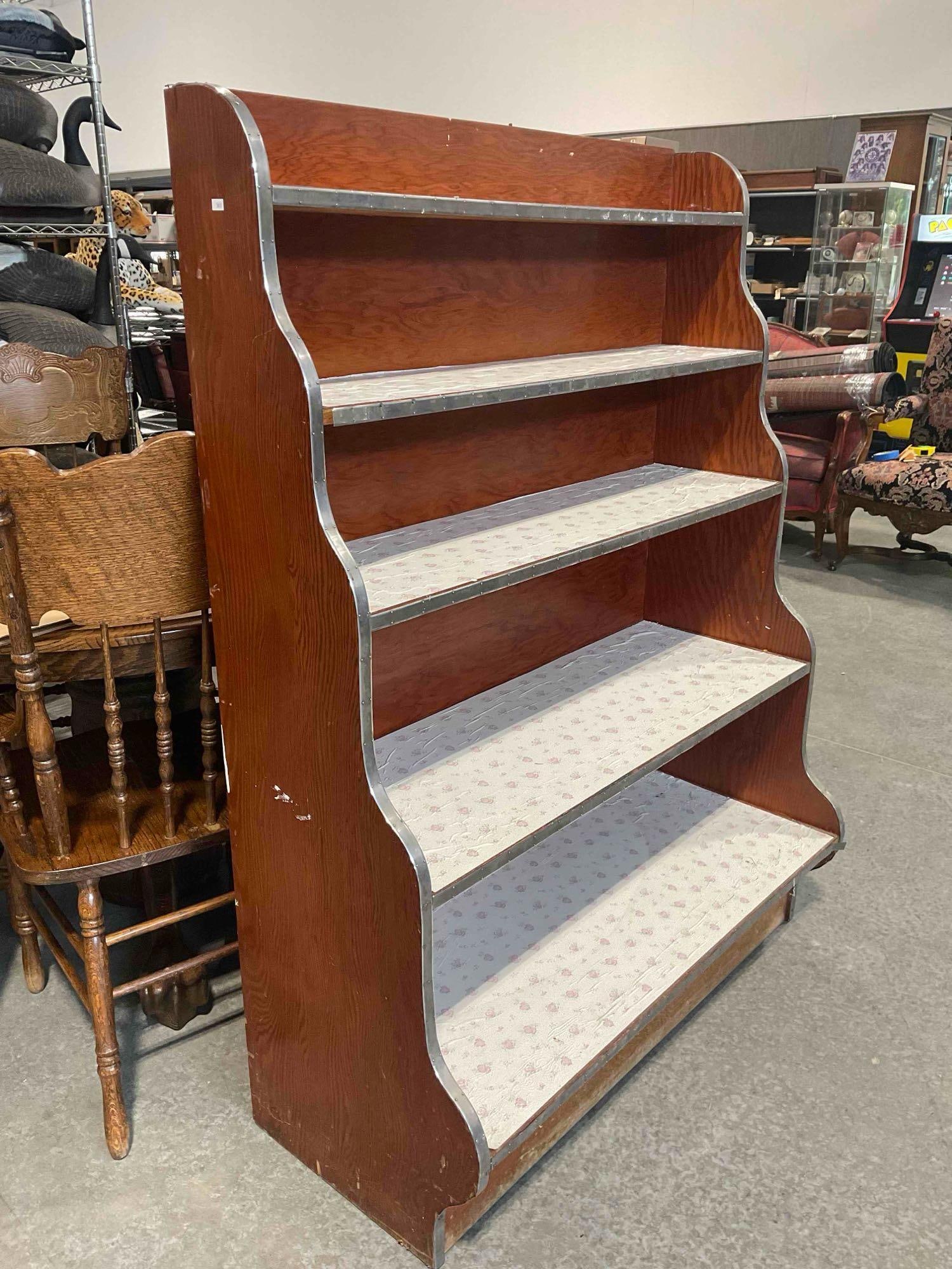 Vintage Oak Wood Waterfall Bookcase w/ 5 Shelves & Metal Bands. Very Good Condition. See pics. - 3