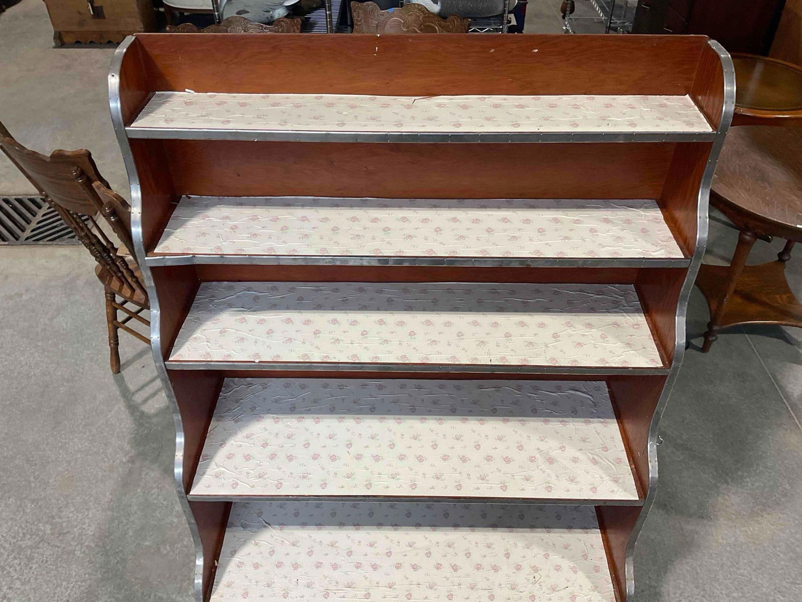 Vintage Oak Wood Waterfall Bookcase w/ 5 Shelves & Metal Bands. Very Good Condition. See pics. - 5