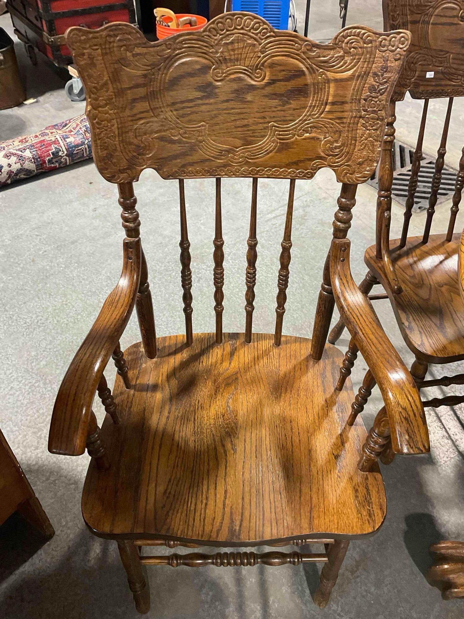 Vintage Oak Wooden Loose Leaf Kitchen Table w/ 6 Pressback Chairs. Very Good Condition. - 7