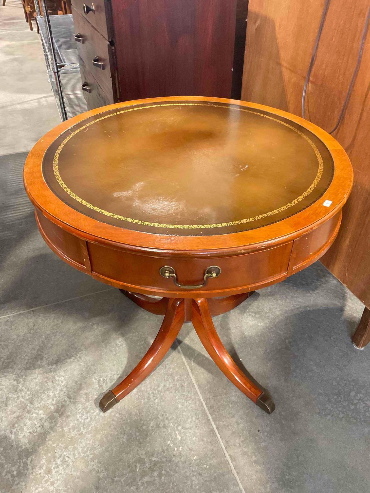 Vintage Oak? Wood Drum Side Table w/ Leather Top & Felted Drawer. Very Good Condition.: Vintage Oak? Wood Drum Side Table w/ Leather Top & Felted Drawer. Minor wear indicative of age and use, otherwise in Very Good Condition. Measures 28" x 28" x 27" DM-5660 *Freight Required