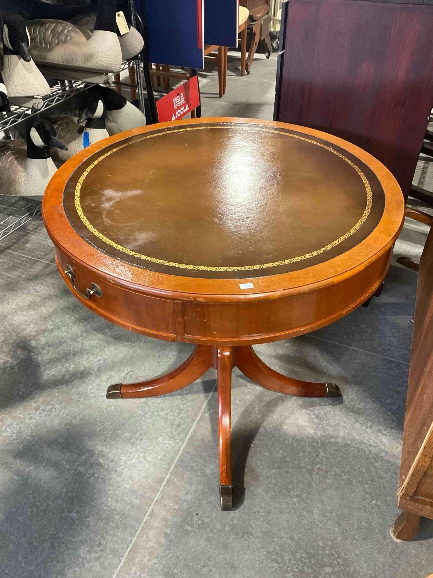 Vintage Oak? Wood Drum Side Table w/ Leather Top & Felted Drawer. Very Good Condition. - 2