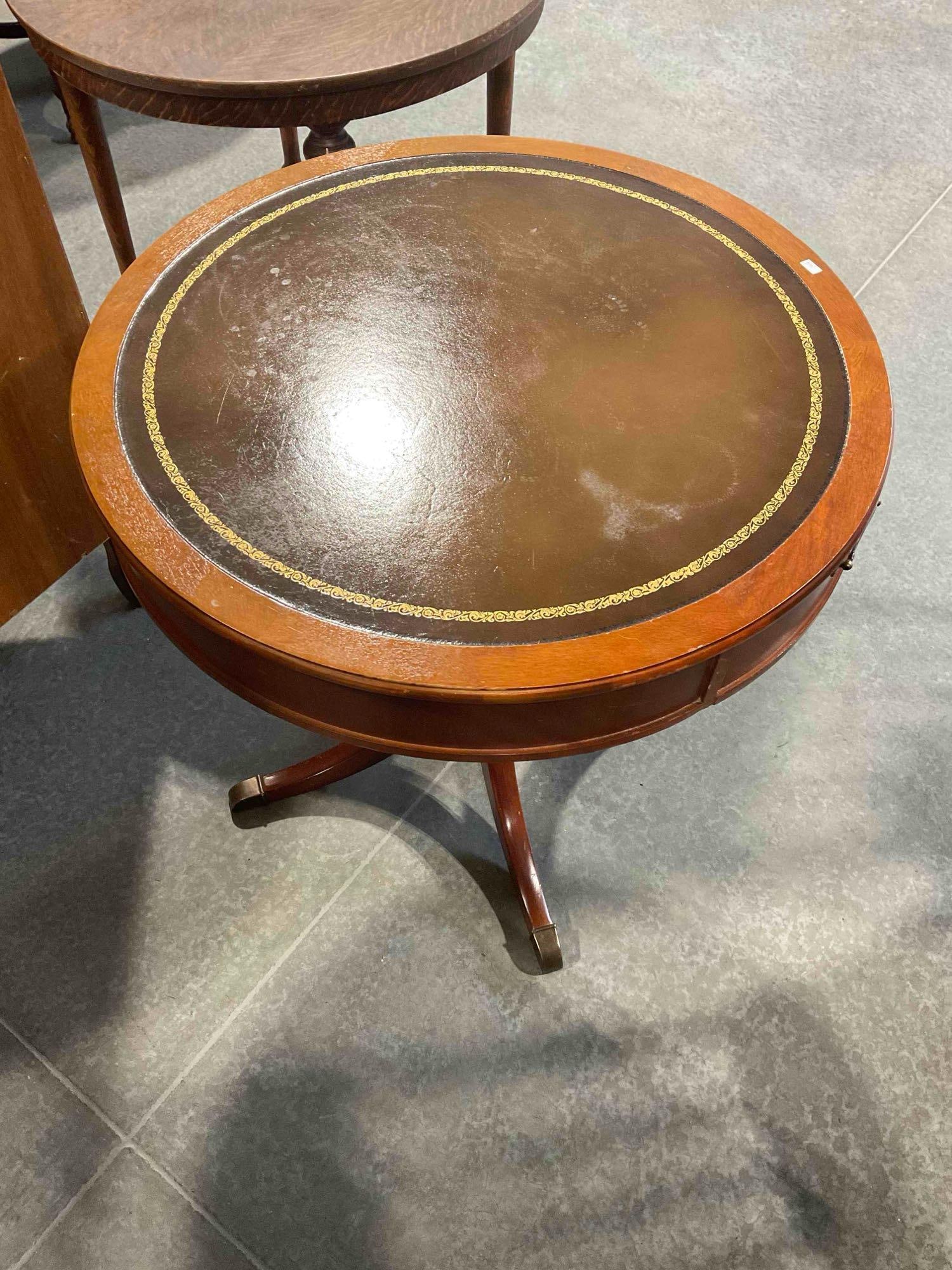 Vintage Oak? Wood Drum Side Table w/ Leather Top & Felted Drawer. Very Good Condition. - 3