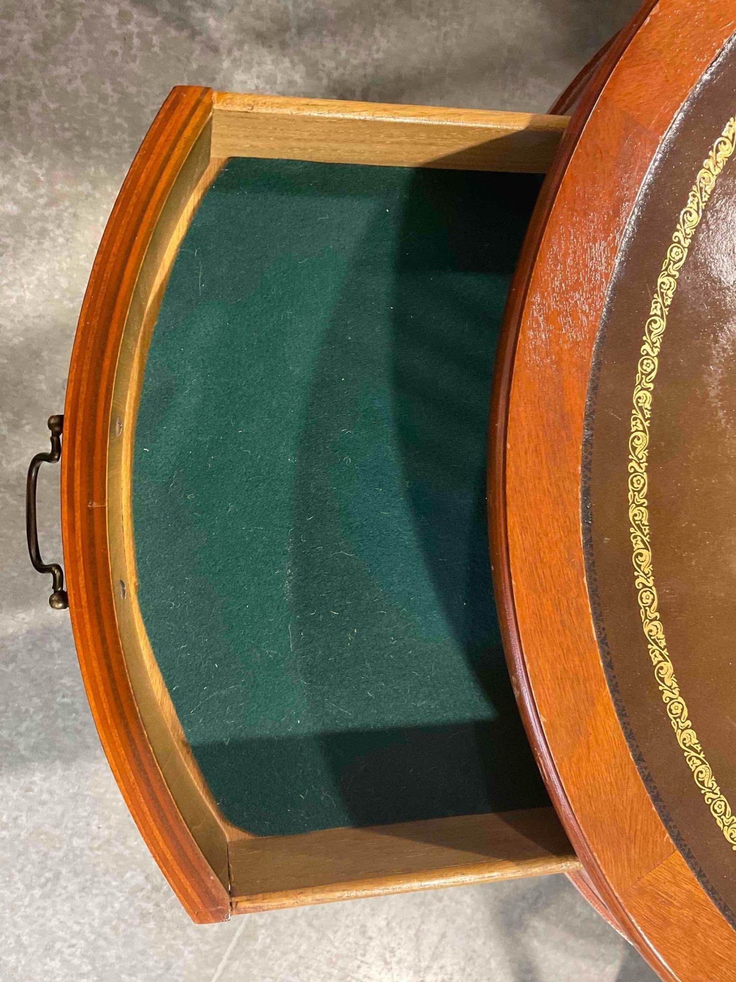 Vintage Oak? Wood Drum Side Table w/ Leather Top & Felted Drawer. Very Good Condition. - 5