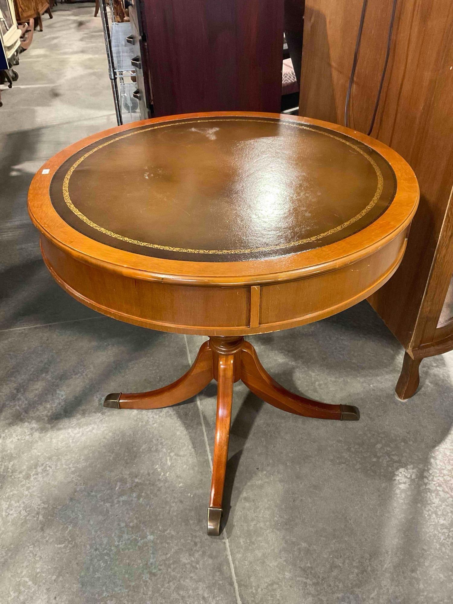 Vintage Oak? Wood Drum Side Table w/ Leather Top & Felted Drawer. Very Good Condition. - 6