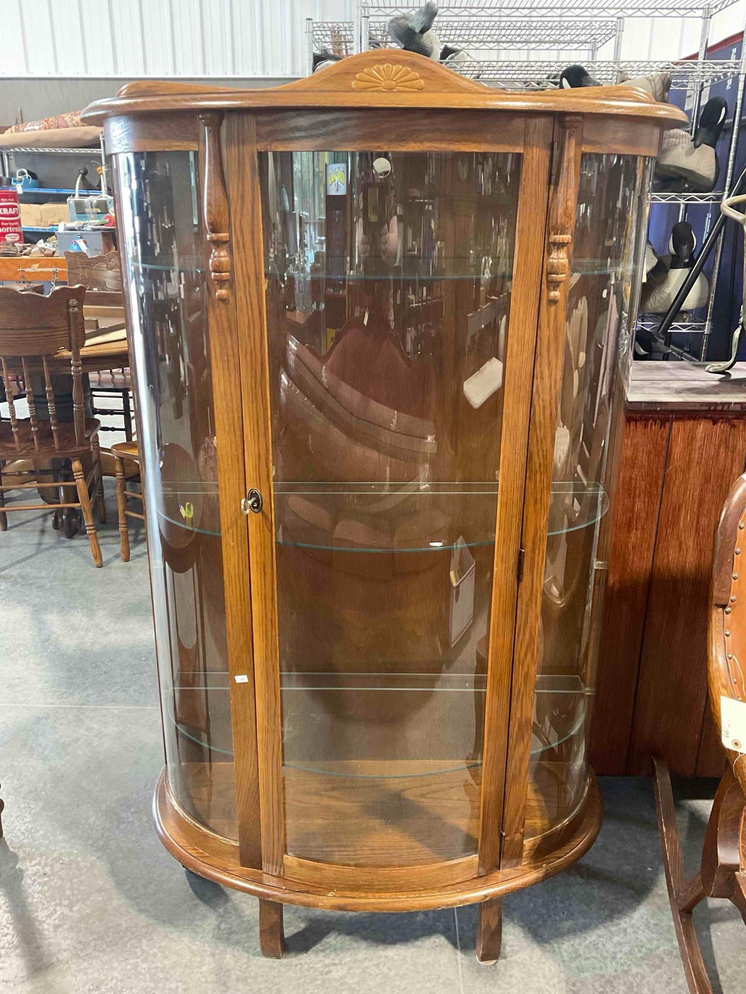 Vintage Oak Wood Curved Glass Curio Cabinet w/ 3 Glass Shelves. Tested, Not Working. See pics.: Vintage Oak Wood Curved Glass Curio Cabinet w/ 3 Glass Shelves. Tested, Not Working, likely needs new bulb. Minor wear indicative of age, condition is otherwise very good. Measures 34" x 15" x 60" DM-