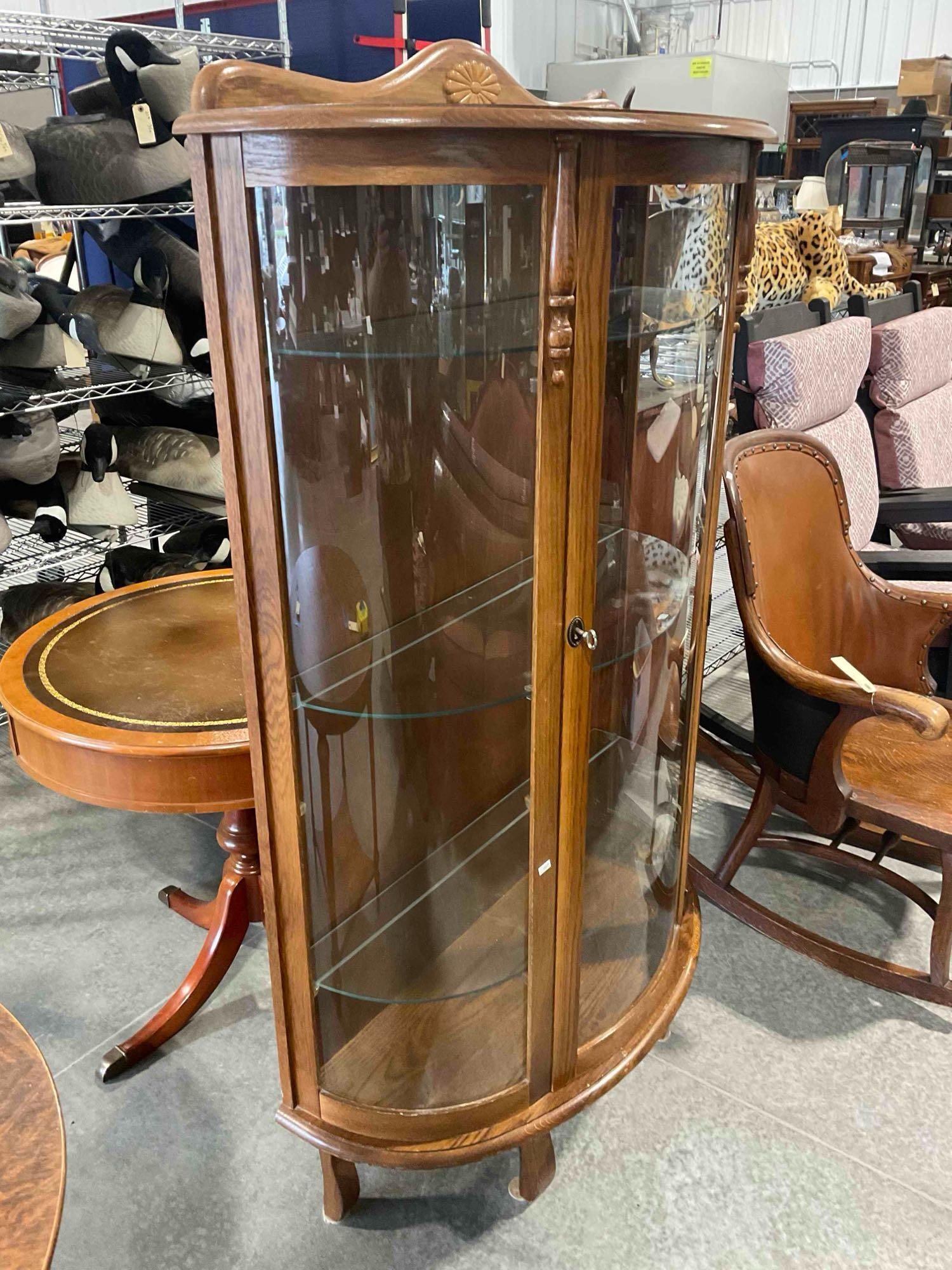 Vintage Oak Wood Curved Glass Curio Cabinet w/ 3 Glass Shelves. Tested, Not Working. See pics. - 2