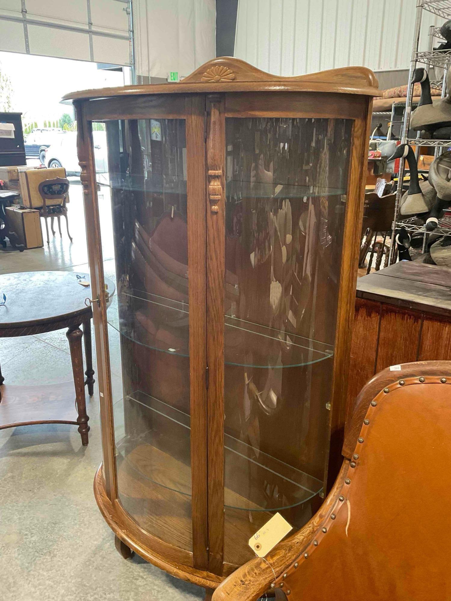 Vintage Oak Wood Curved Glass Curio Cabinet w/ 3 Glass Shelves. Tested, Not Working. See pics. - 3