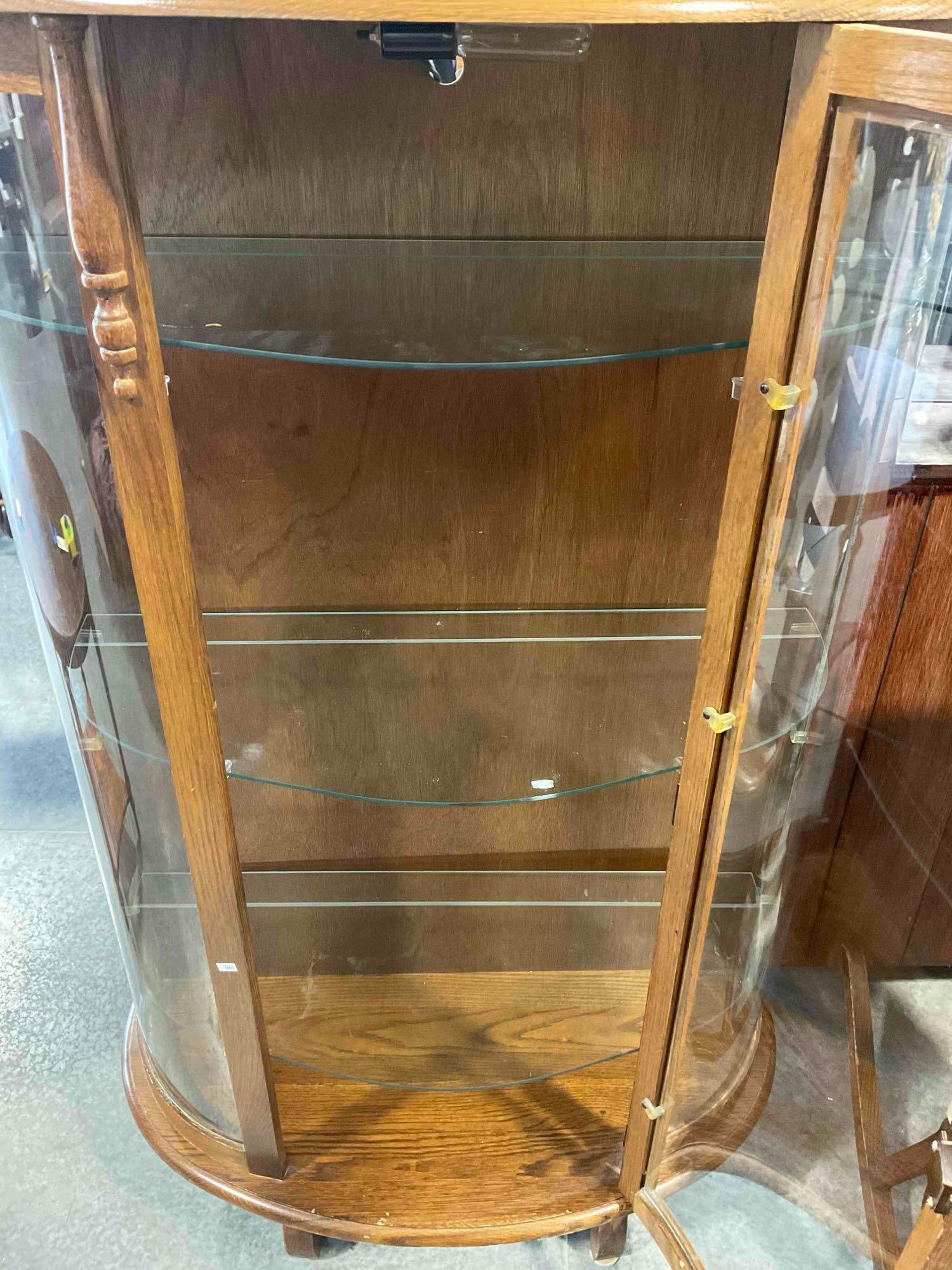 Vintage Oak Wood Curved Glass Curio Cabinet w/ 3 Glass Shelves. Tested, Not Working. See pics. - 4