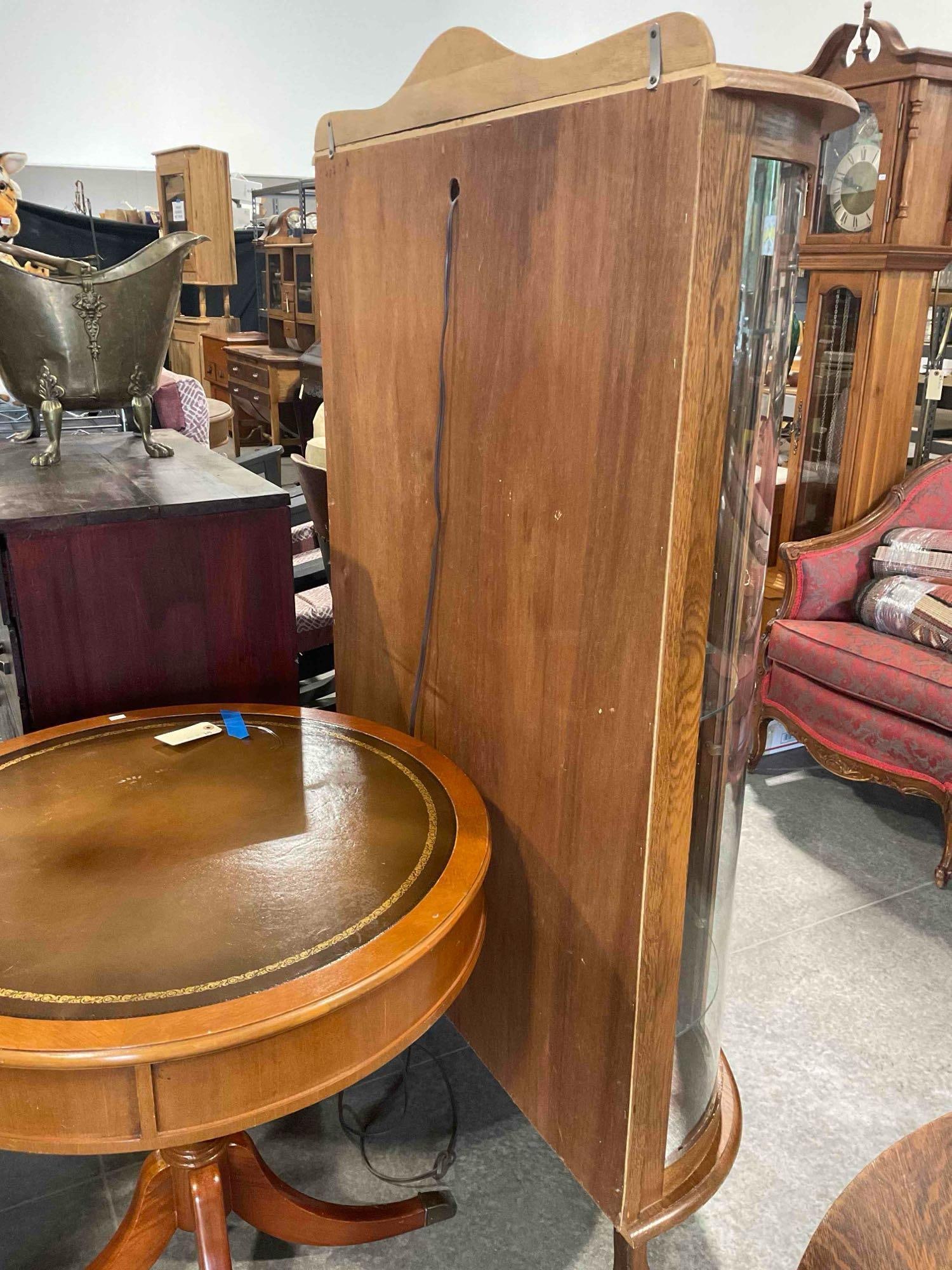 Vintage Oak Wood Curved Glass Curio Cabinet w/ 3 Glass Shelves. Tested, Not Working. See pics. - 5