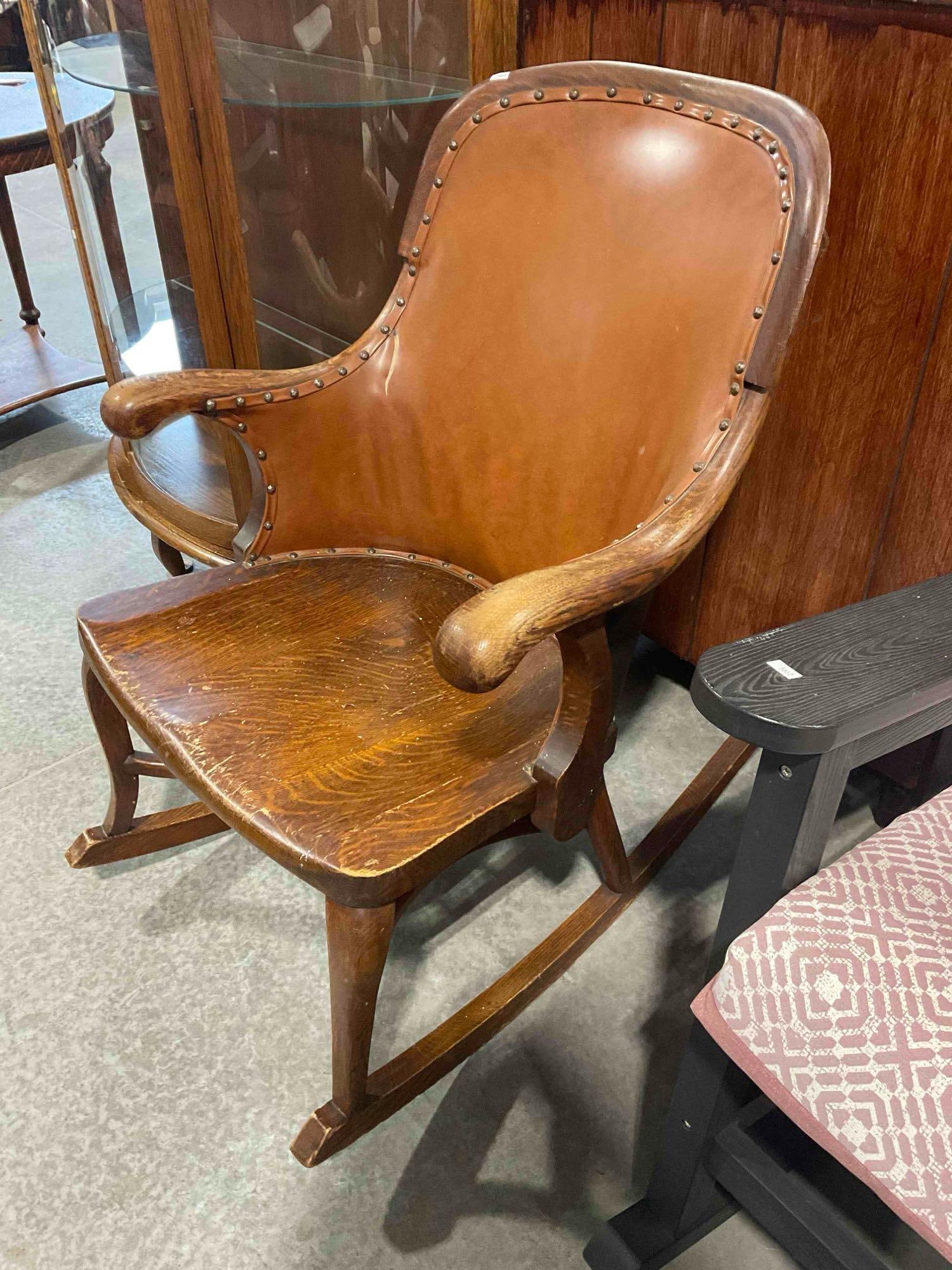 Antique Handsome Quarter Sawn Oak Wood Rocking Chair w/ Brass nailhead trimmed Vinyl Back. - 3