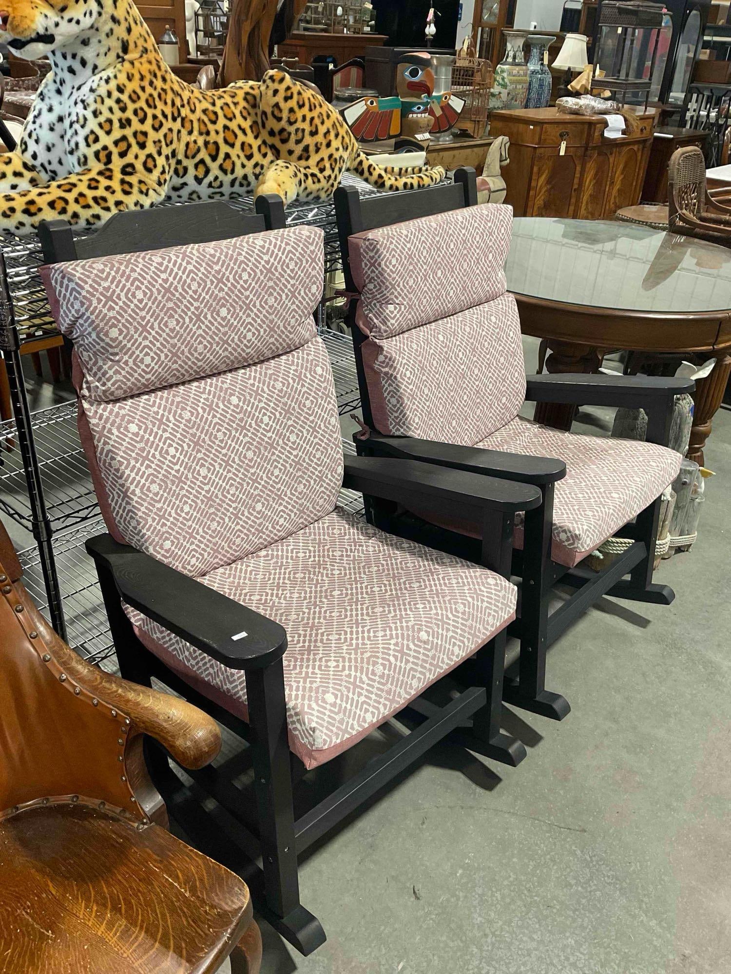 Pair of HomeHua Black Finish Adirondack Style Rocking Chairs w/ Cushions. Very Good Cond. - 2