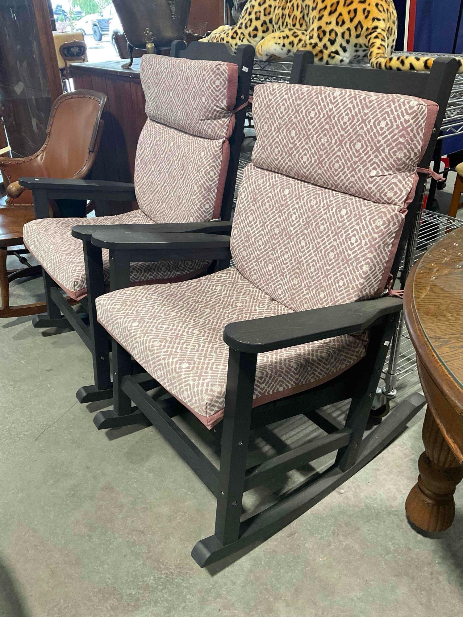 Pair of HomeHua Black Finish Adirondack Style Rocking Chairs w/ Cushions. Very Good Cond. - 3