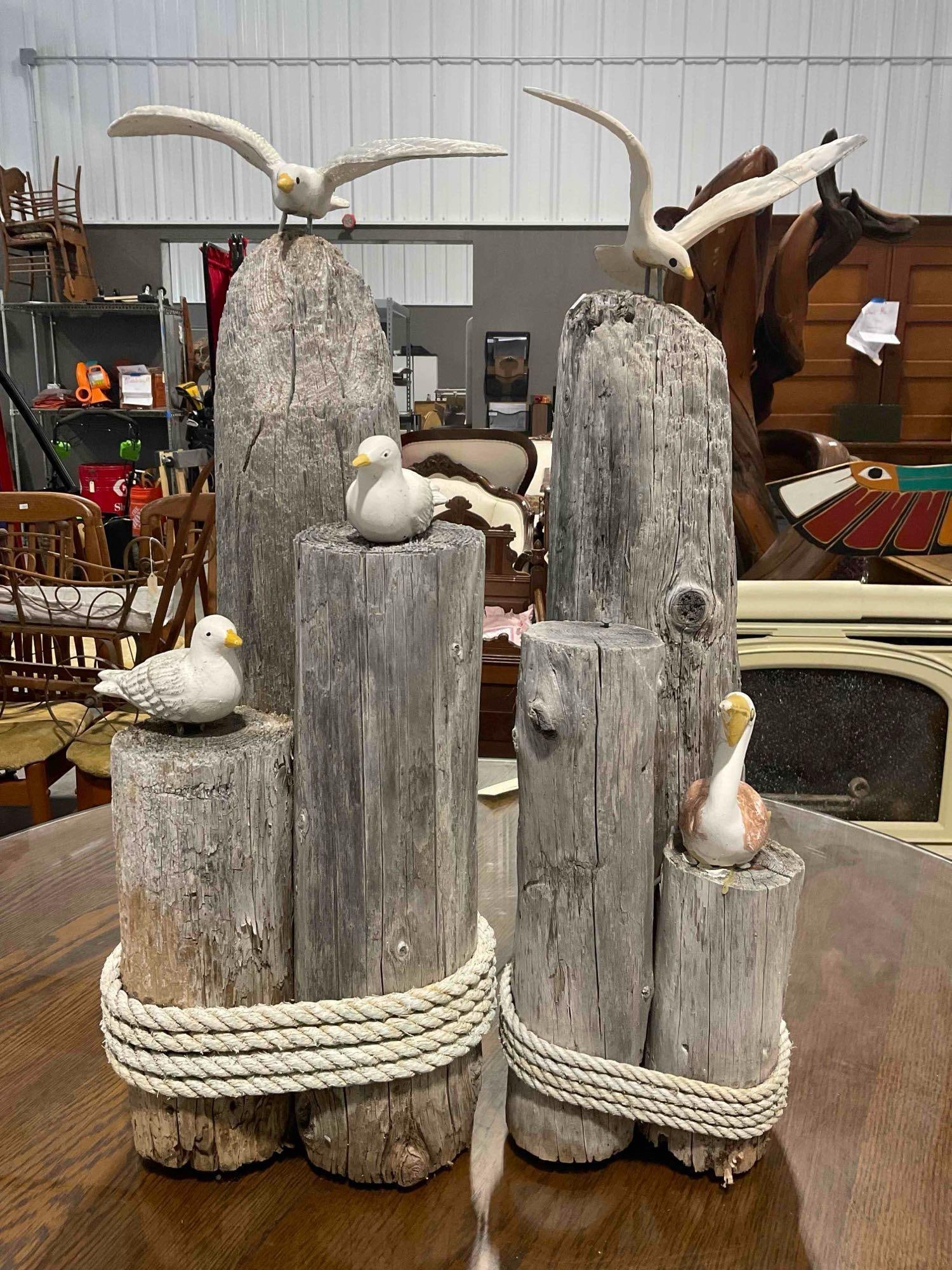 Pair of Driftwood Marine Art Statuettes w/ Ceramic Bird Motifs. Very Good Condition. See pics.: Pair of Driftwood Marine Art Statuettes w/ Ceramic Bird Motifs. Very Good Condition. Table not included. Minor wear indicative of age and use, condition is otherwise very good. Measures 16" x 11" x