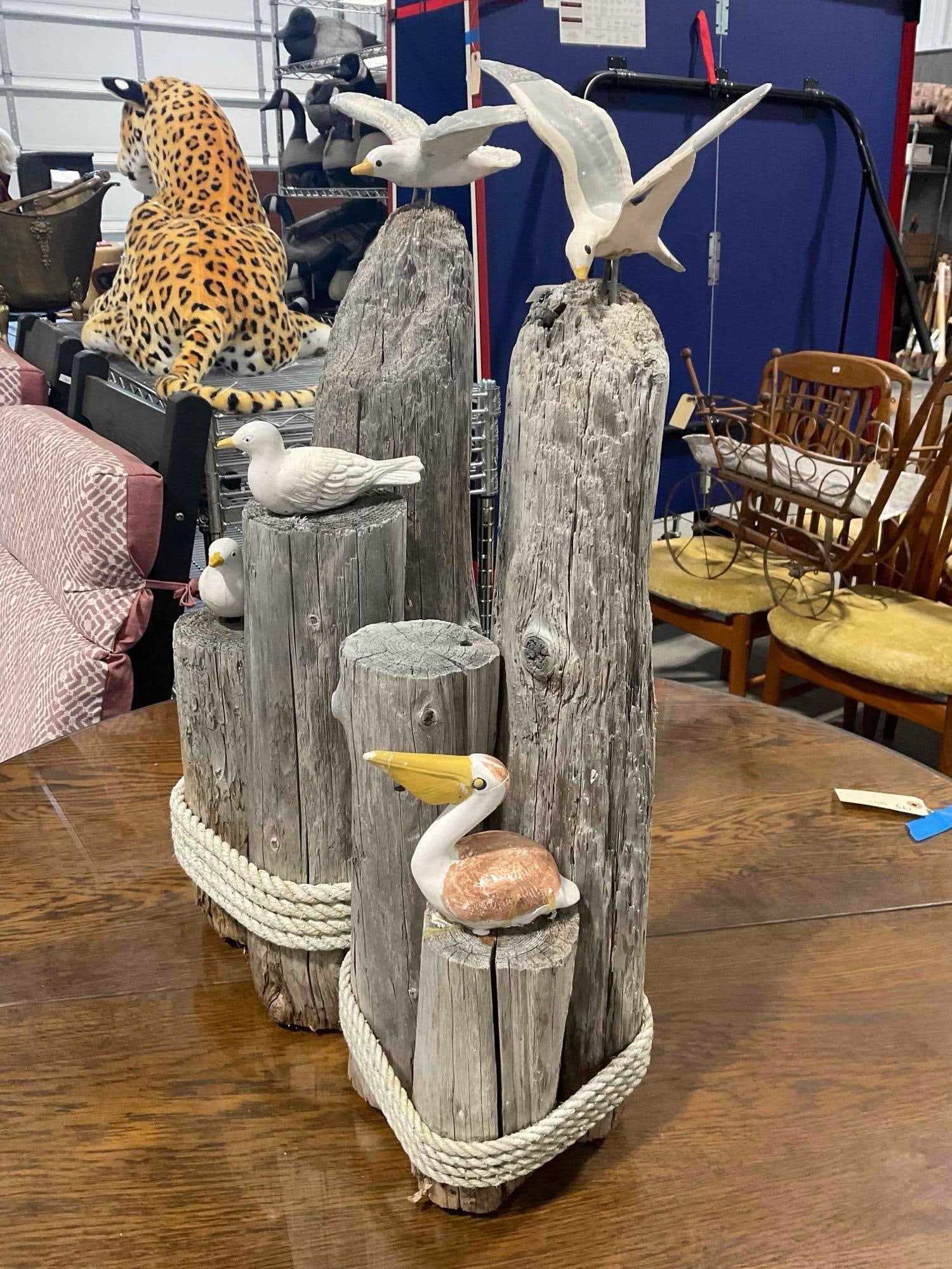 Pair of Driftwood Marine Art Statuettes w/ Ceramic Bird Motifs. Very Good Condition. See pics. - 2