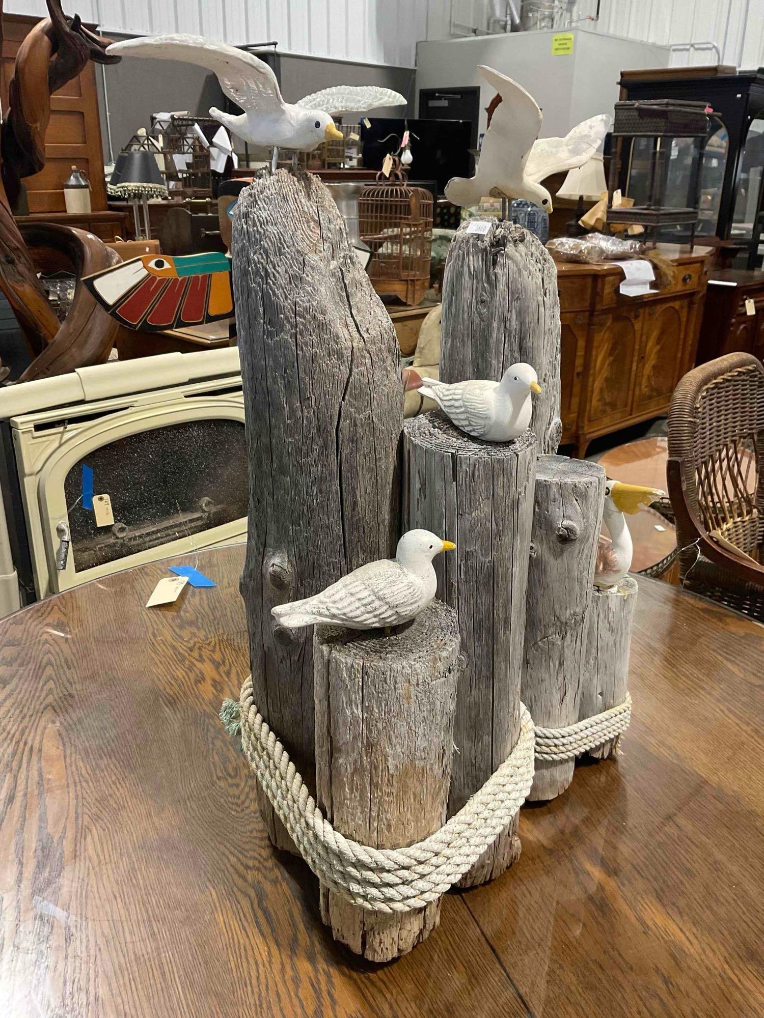 Pair of Driftwood Marine Art Statuettes w/ Ceramic Bird Motifs. Very Good Condition. See pics. - 3