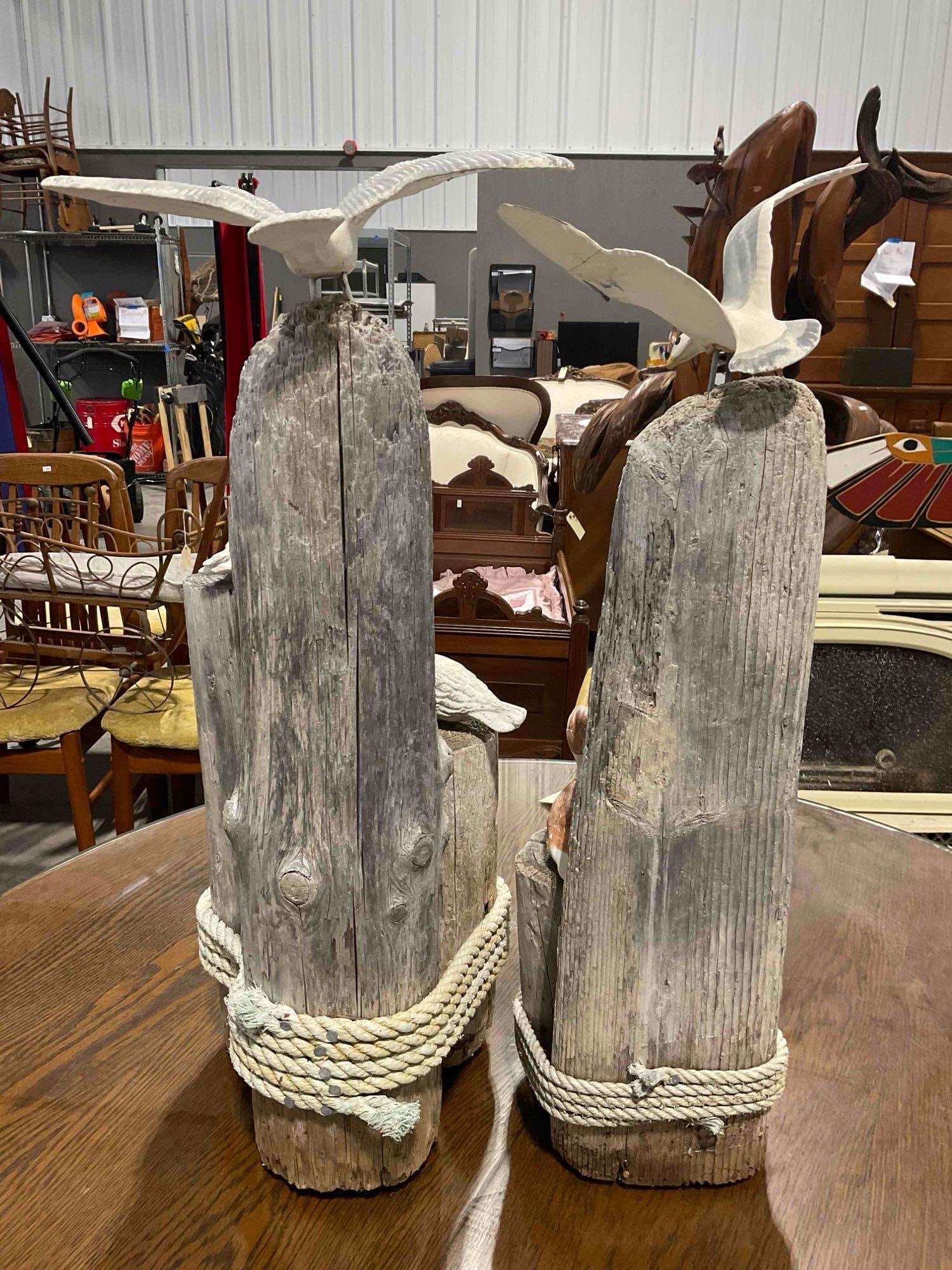 Pair of Driftwood Marine Art Statuettes w/ Ceramic Bird Motifs. Very Good Condition. See pics. - 4