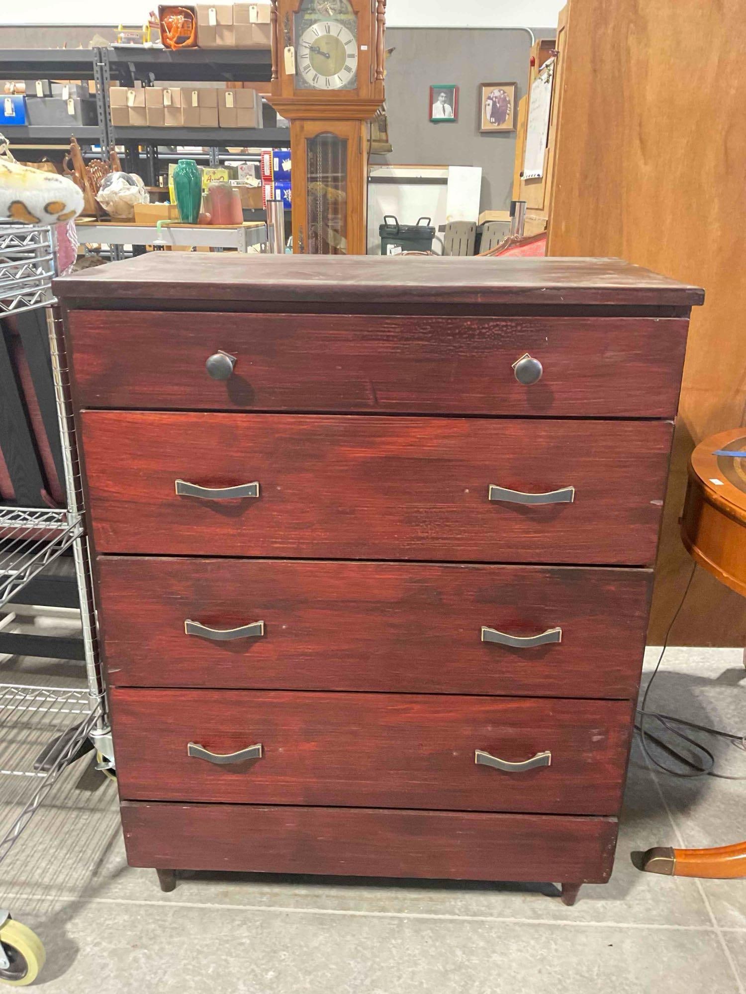 Vintage Rosewood Finish Pine? Wood Dresser w/ 4 Drawers. Very Good Condition. See pics.: Vintage Rosewood Finish Pine? Wood Dresser w/ 4 Drawers. Very Good Condition. Minor wear indicative of age and use, condition is otherwise very good. Measures 29" x 17" x 38" DM-5660 *Freight Req