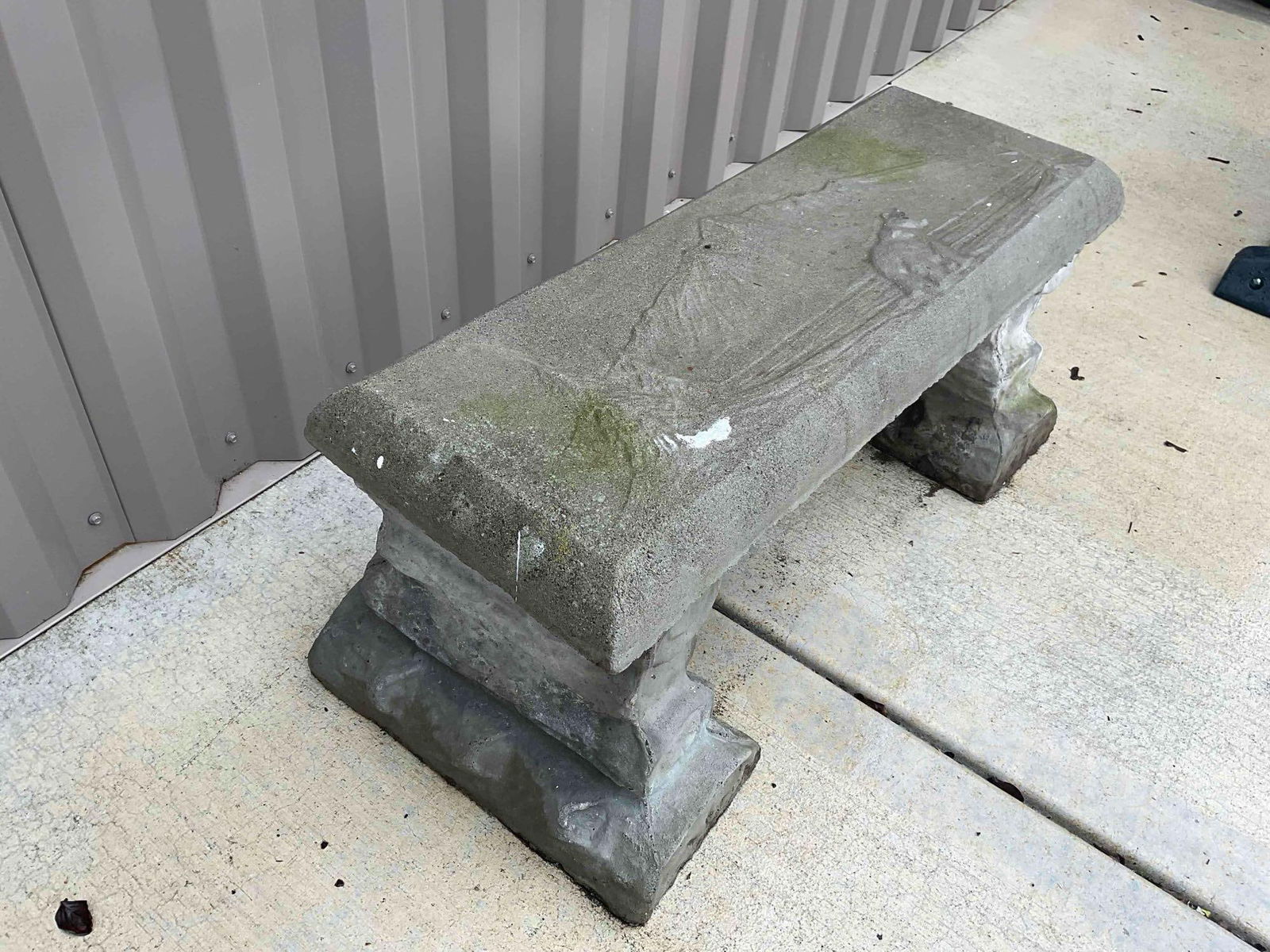 Charming Outdoor Concrete Garden Bench w/ Carved Bear & Mountain Design. Very Good Cond. - 2