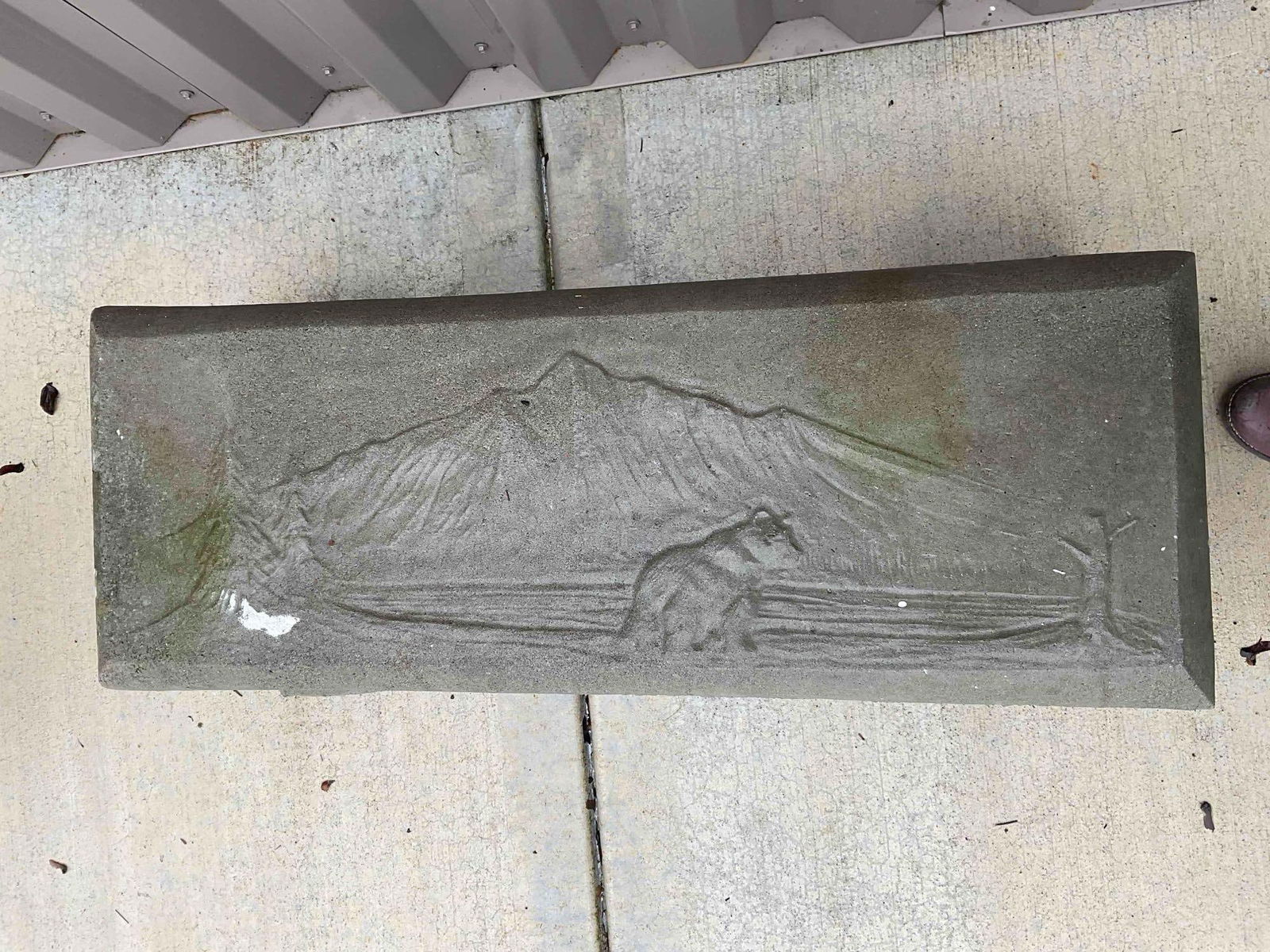 Charming Outdoor Concrete Garden Bench w/ Carved Bear & Mountain Design. Very Good Cond. - 4