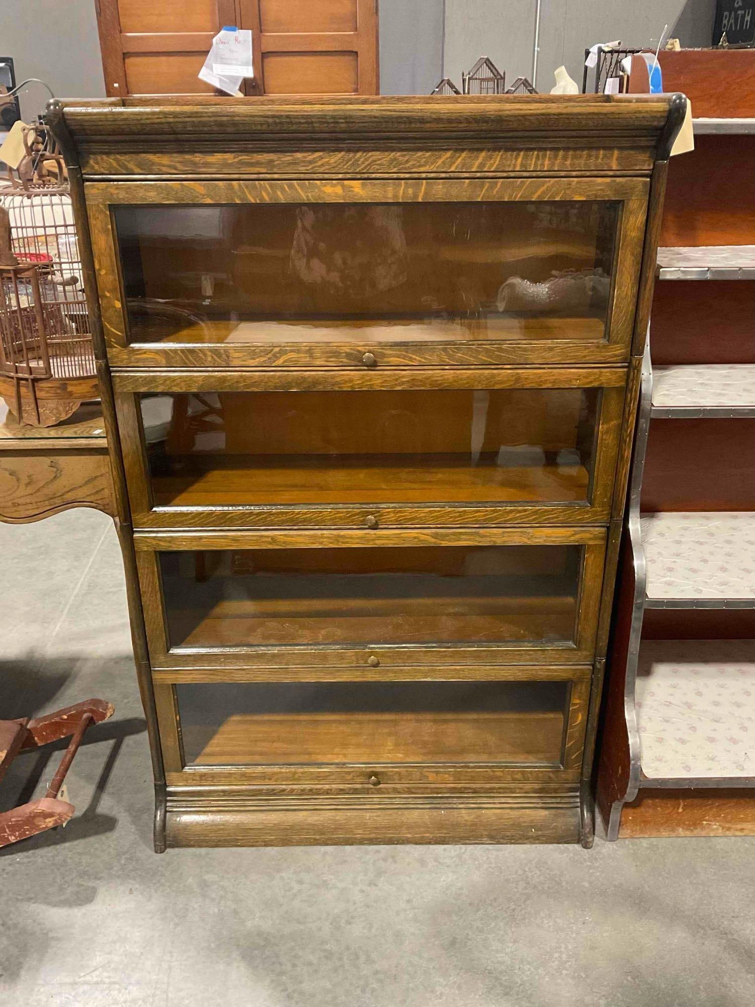 Antique Oak Wood Glass Fronted Barrister Bookcase w/ 4-Tiers. Very Good Condition. See pics.: Antique? Oak Wood Glass Fronted Barrister Bookcase w/ 4-Tiers. Very Good Condition. Top has a veneer, looks recent, minor wear indicative of age and use, condition is otherwise very good. Back has