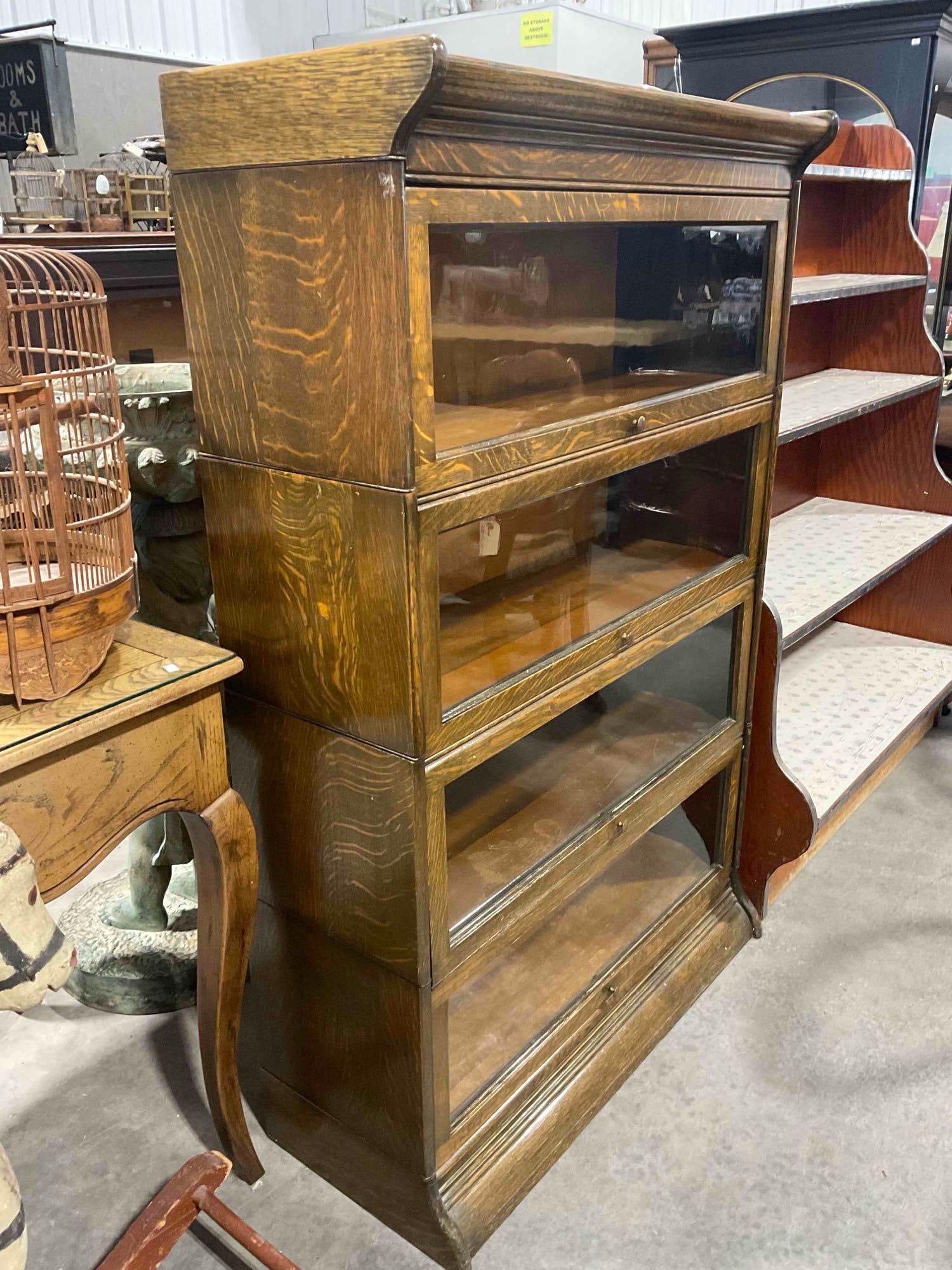 Antique Oak Wood Glass Fronted Barrister Bookcase w/ 4-Tiers. Very Good Condition. See pics. - 2