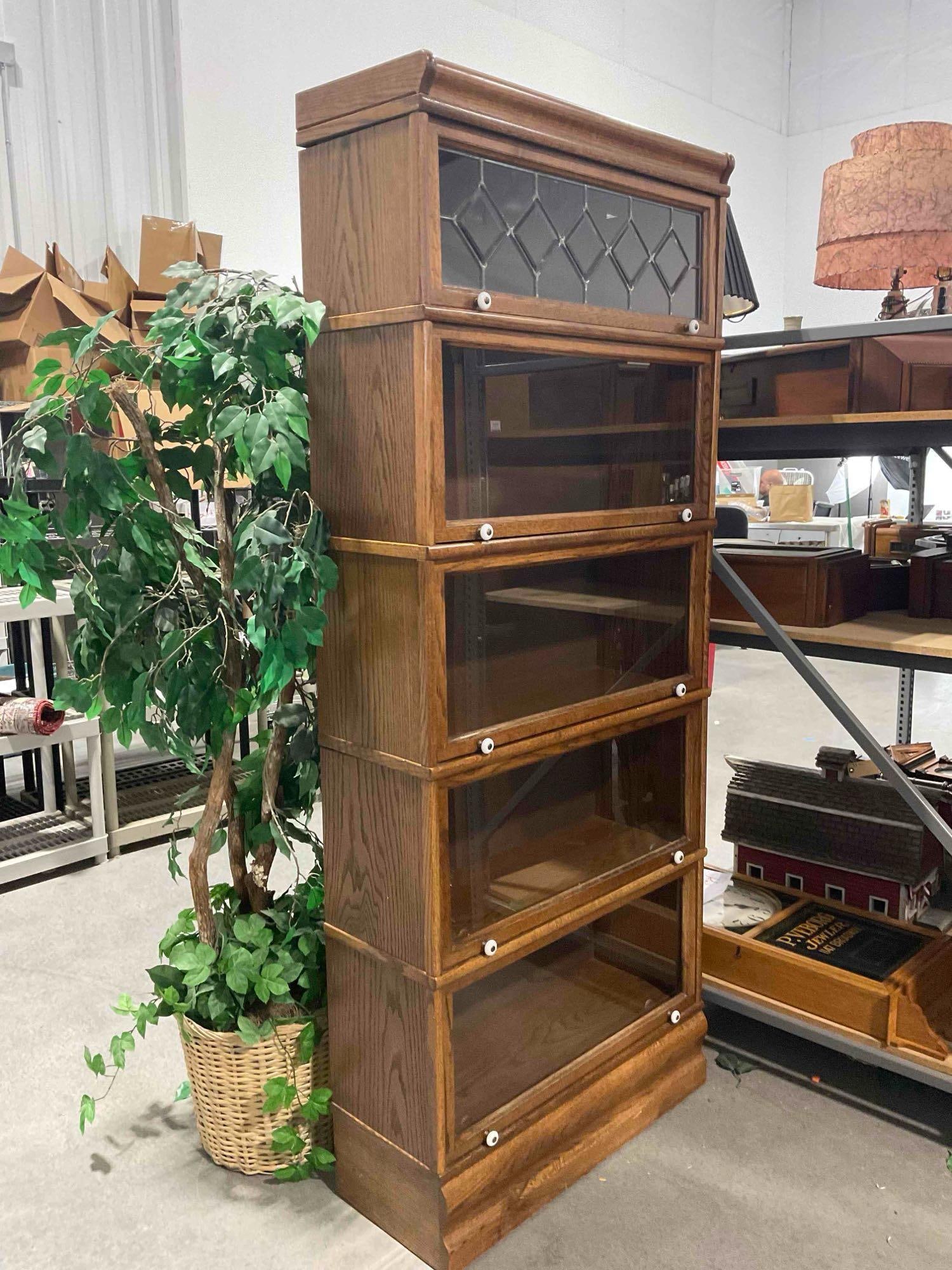 Vintage Oak 5-Tier Glass Fronted Barrister Bookcase w/ top Beveled Leaded glass Panel EX Cond. - 2