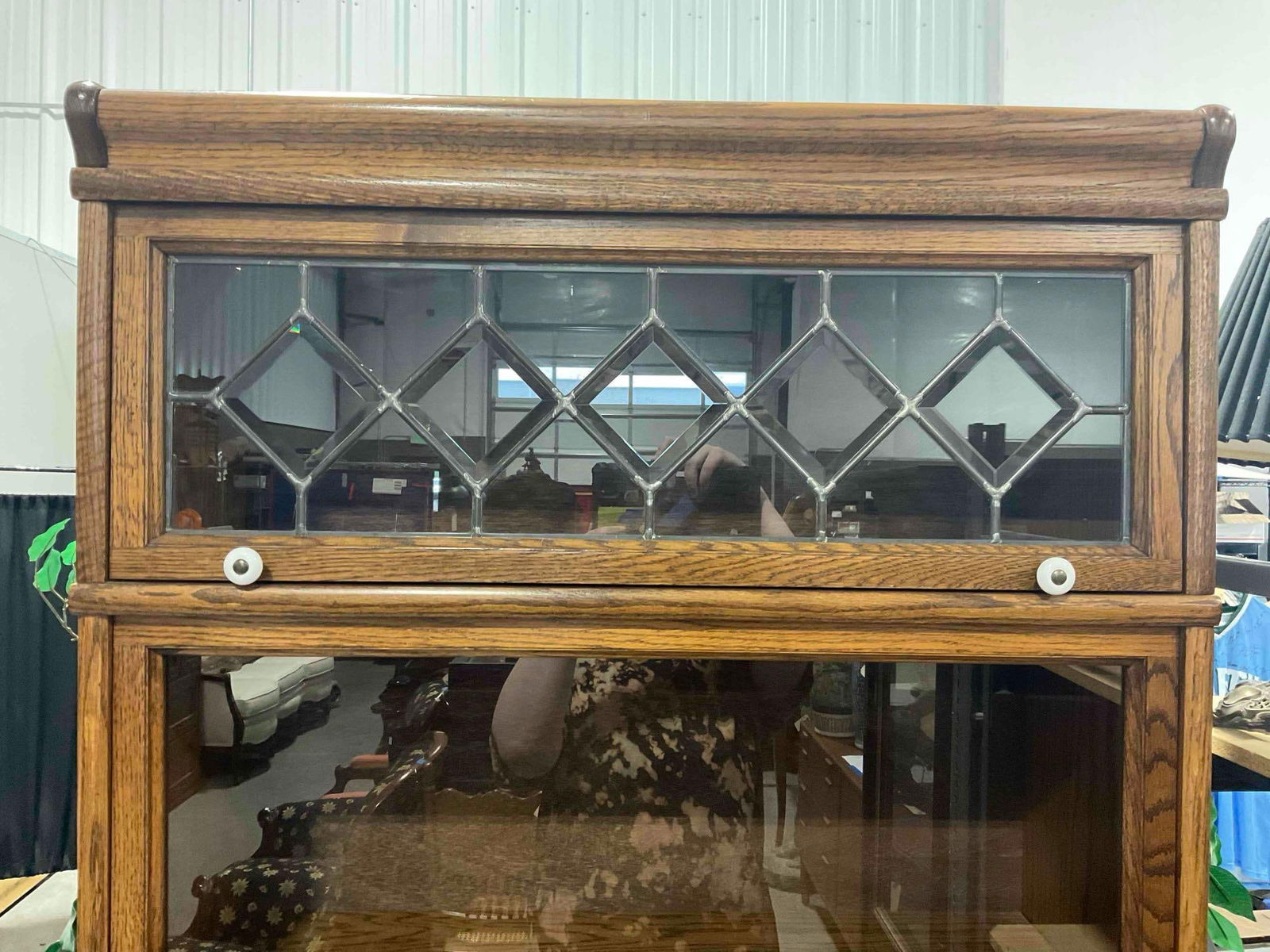 Vintage Oak 5-Tier Glass Fronted Barrister Bookcase w/ top Beveled Leaded glass Panel EX Cond. - 3