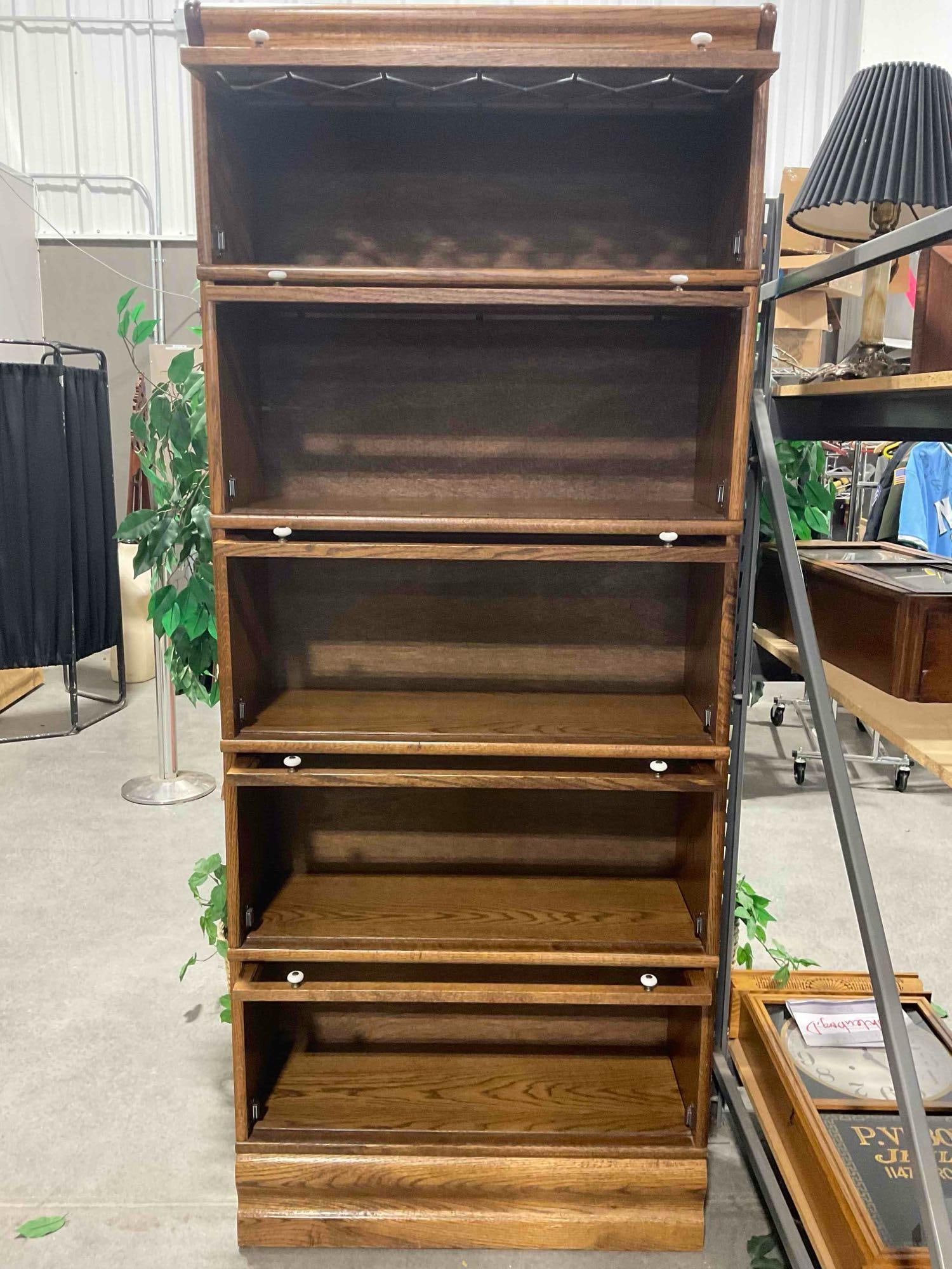 Vintage Oak 5-Tier Glass Fronted Barrister Bookcase w/ top Beveled Leaded glass Panel EX Cond. - 4