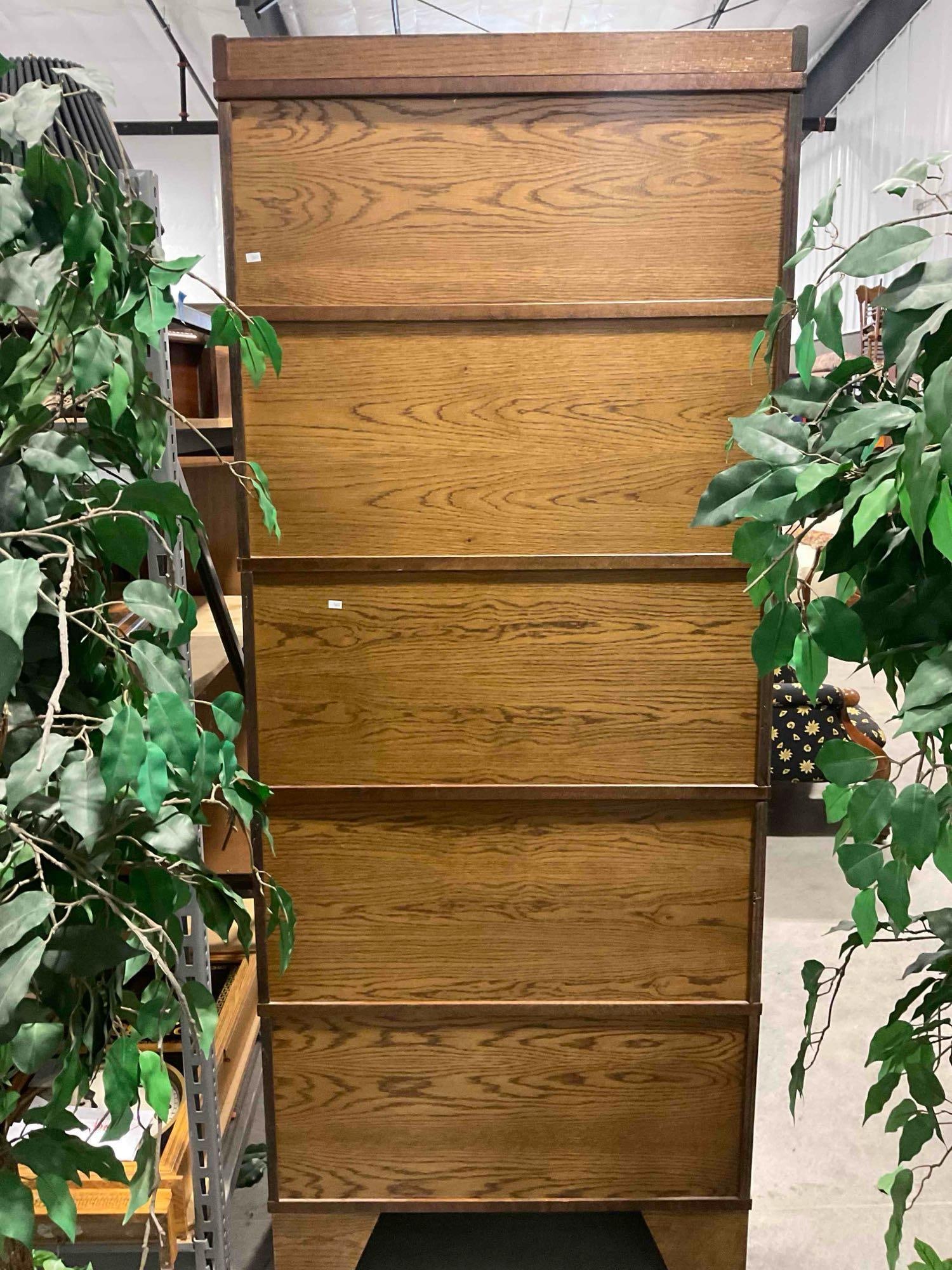 Vintage Oak 5-Tier Glass Fronted Barrister Bookcase w/ top Beveled Leaded glass Panel EX Cond. - 5