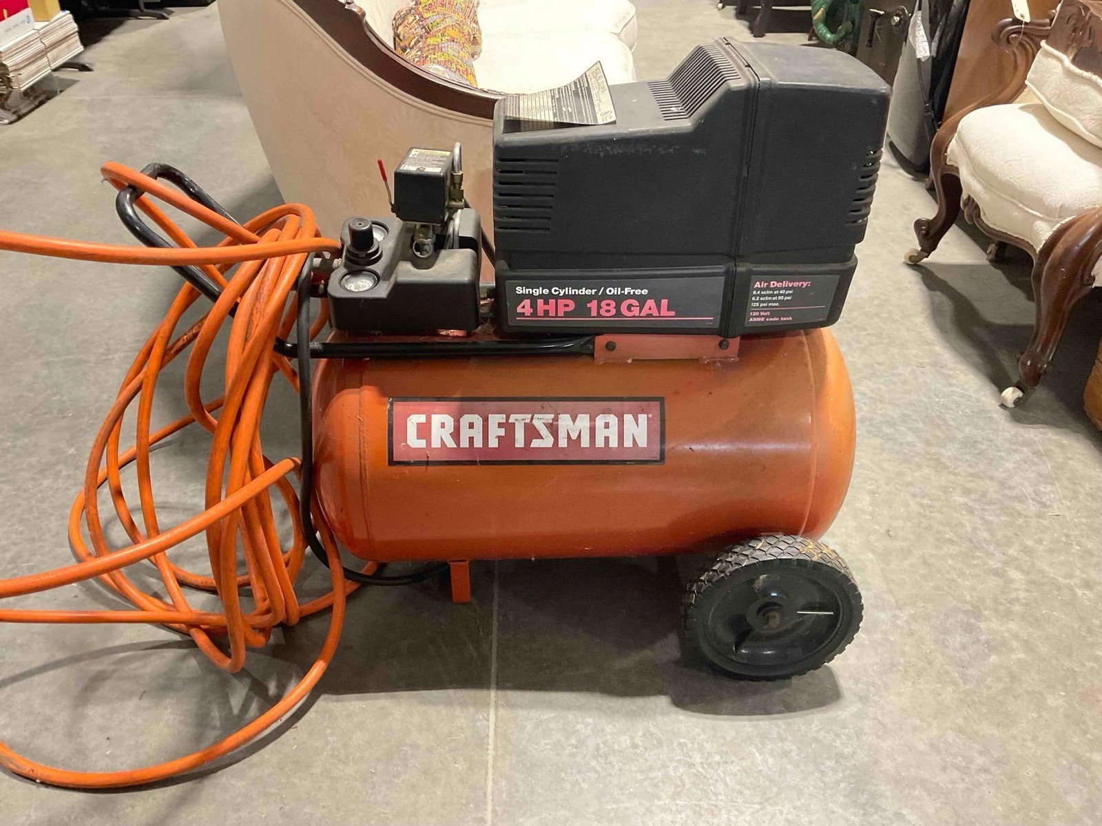 Craftsman 4 HP 18 Gallon Air Compressor Model 919.164180. Tested, Works. Very Good Cond.: Craftsman 4 HP 18 Gallon Air Compressor Model 919.164180. Tested, Works. Very Good Condition. Minor wear indicative of age and use, condition is otherwise very good. Measures 32" x 21" x 30"