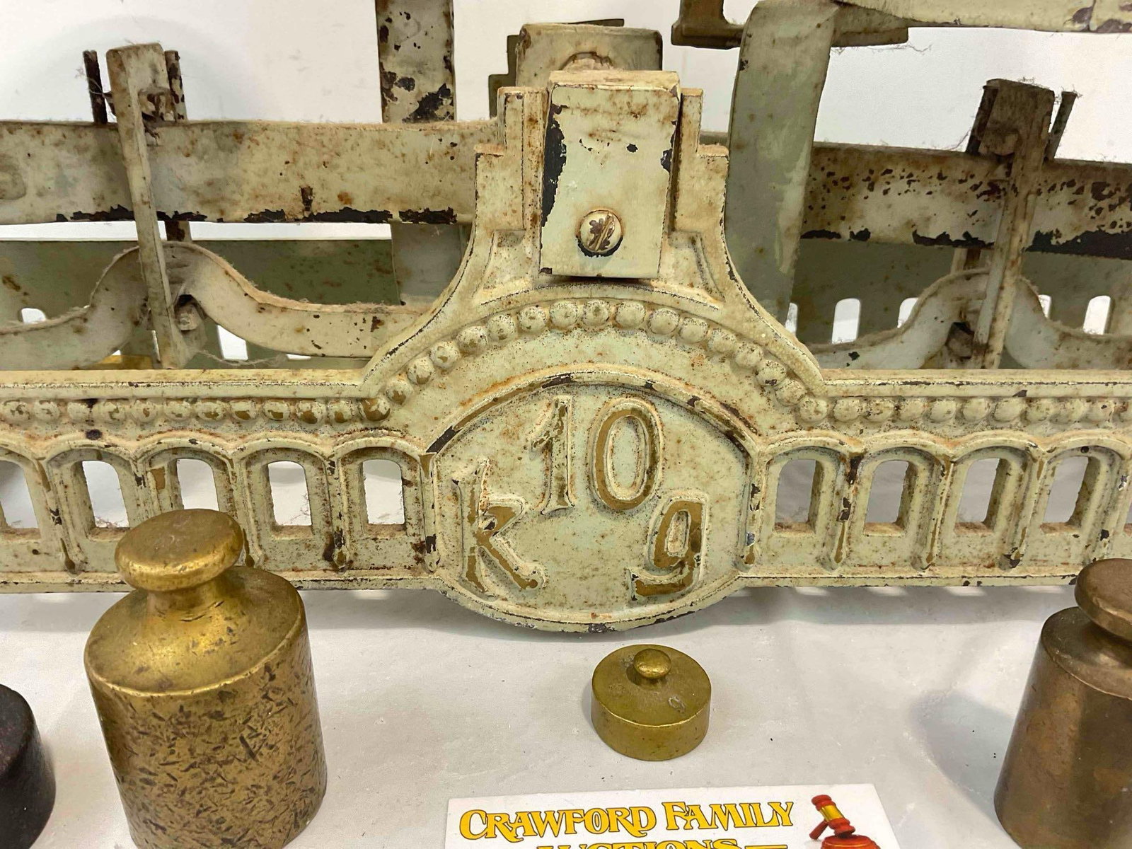 Lovely Antique Sage Green Painted Cast Iron 10Kg Balance Scale w/ Weights. Very Good Condition. - 4