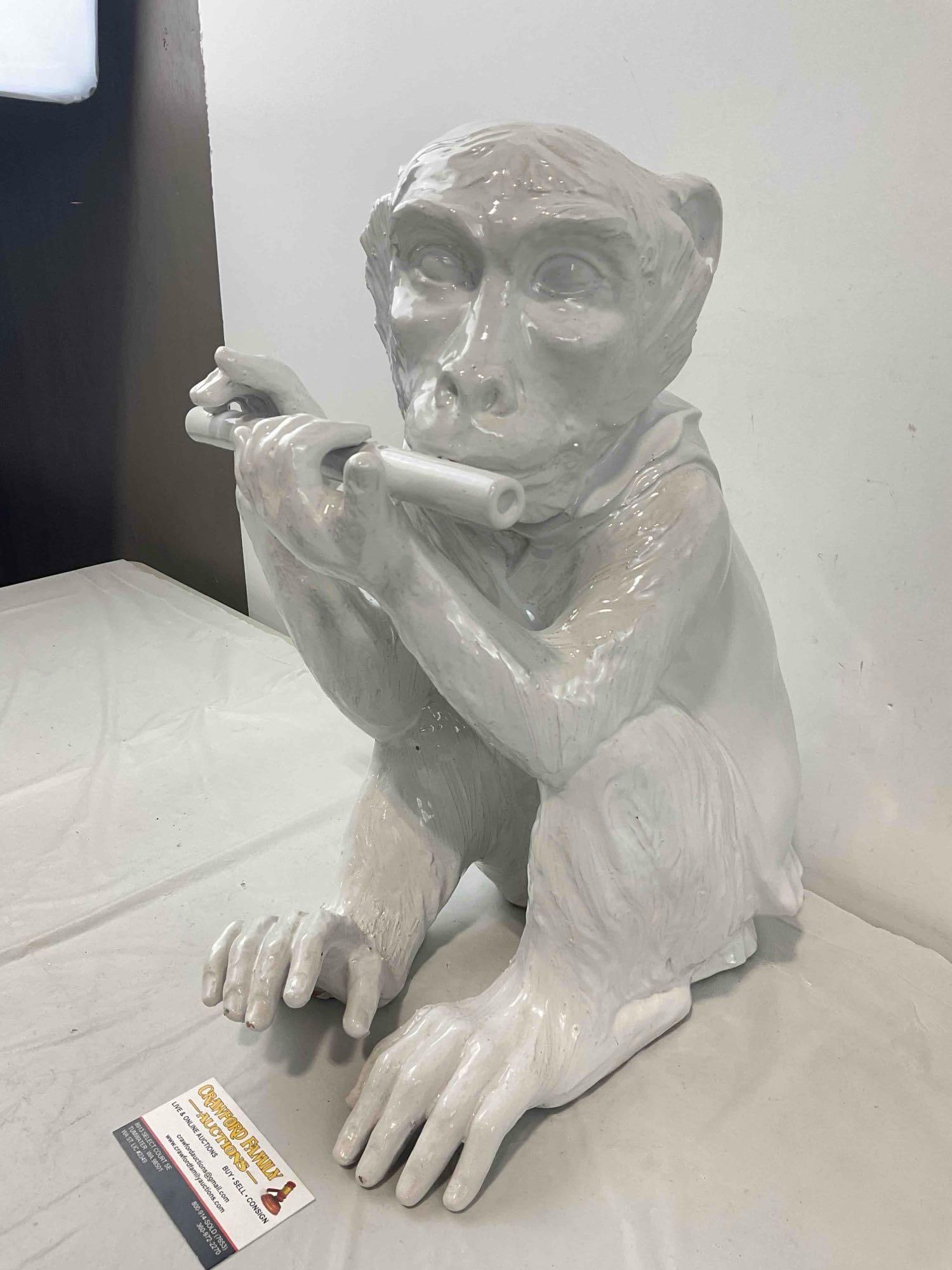 Vintage White Glazed Ceramic Monkey Playing Flute Statue. Excellent Condition. See pics. - 2