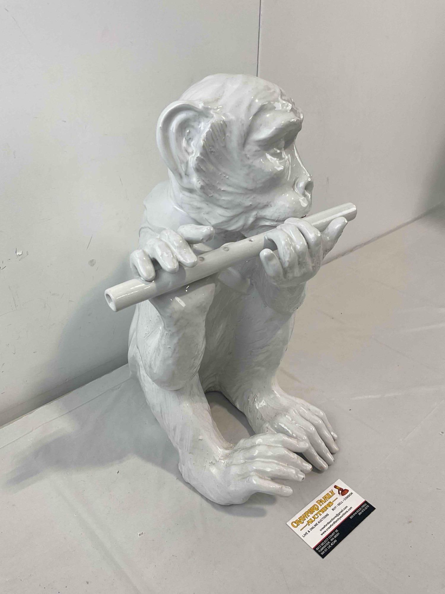 Vintage White Glazed Ceramic Monkey Playing Flute Statue. Excellent Condition. See pics. - 3