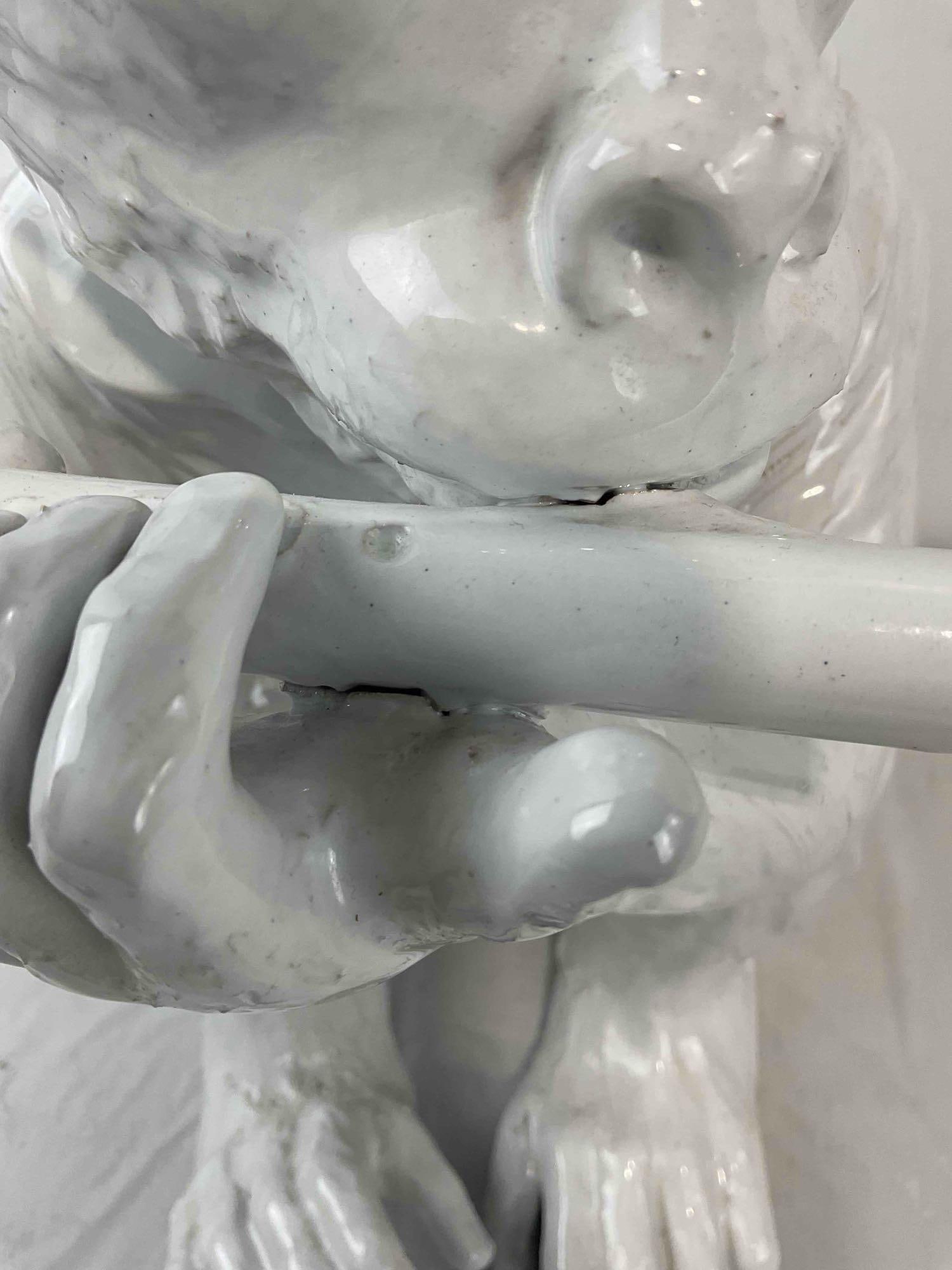 Vintage White Glazed Ceramic Monkey Playing Flute Statue. Excellent Condition. See pics. - 4