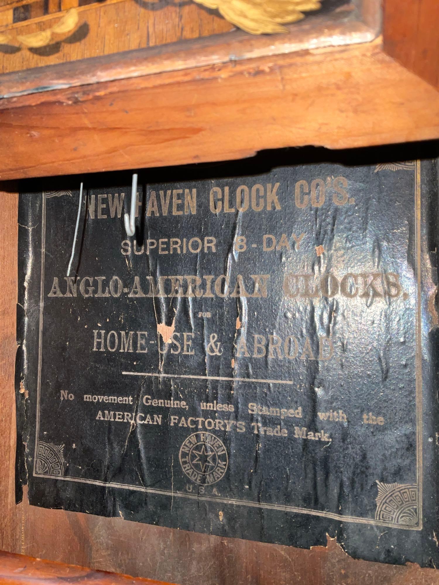 Antique 1890 New Haven Clock Co Superior 8-day School style, Wood Inlay, Time Strike, 28x16x10 inch - 5