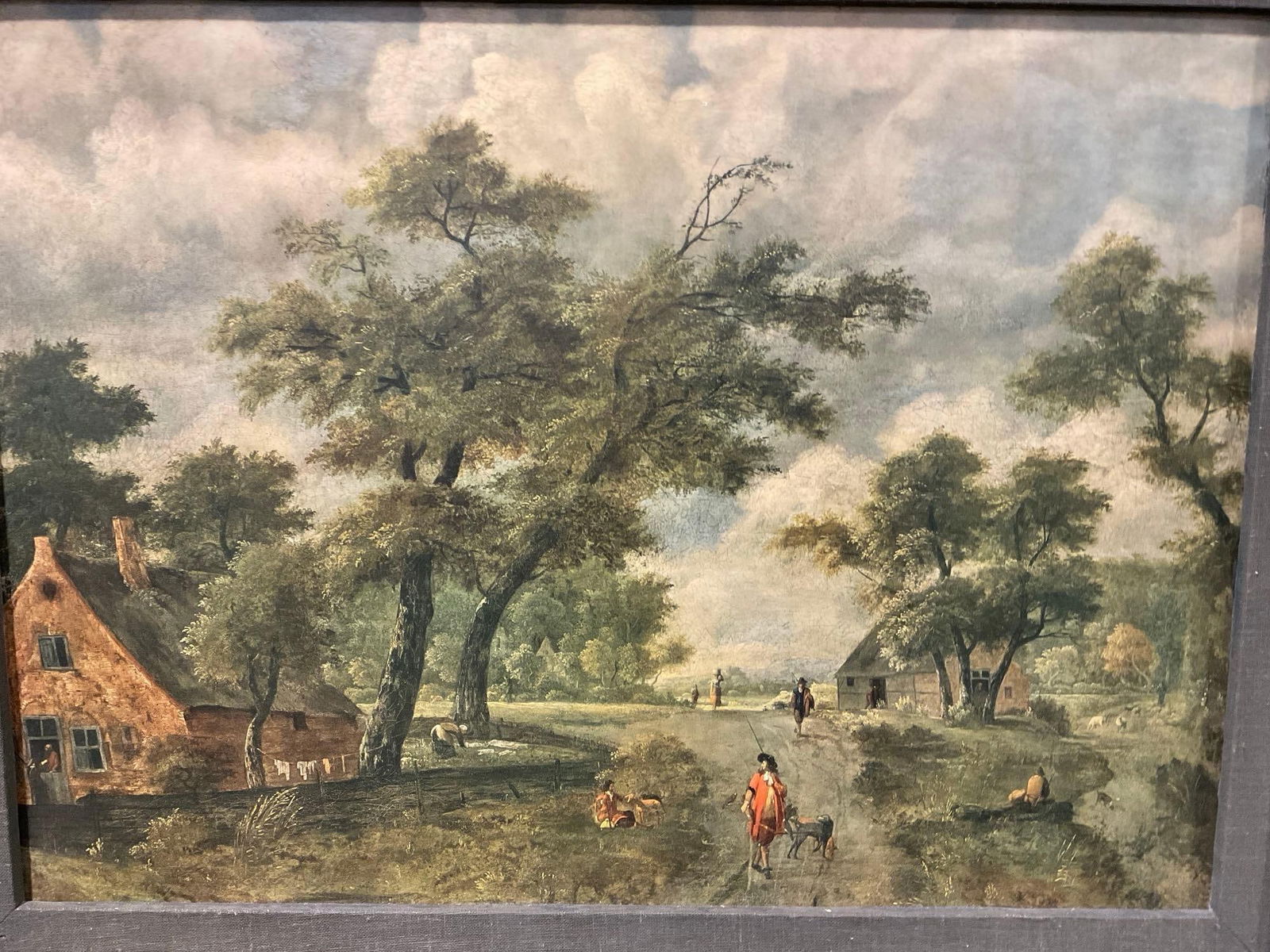 Antique Large Framed Oil on Canvas, Victorian Village path scene, 29h x 39w x 5d inches - 2