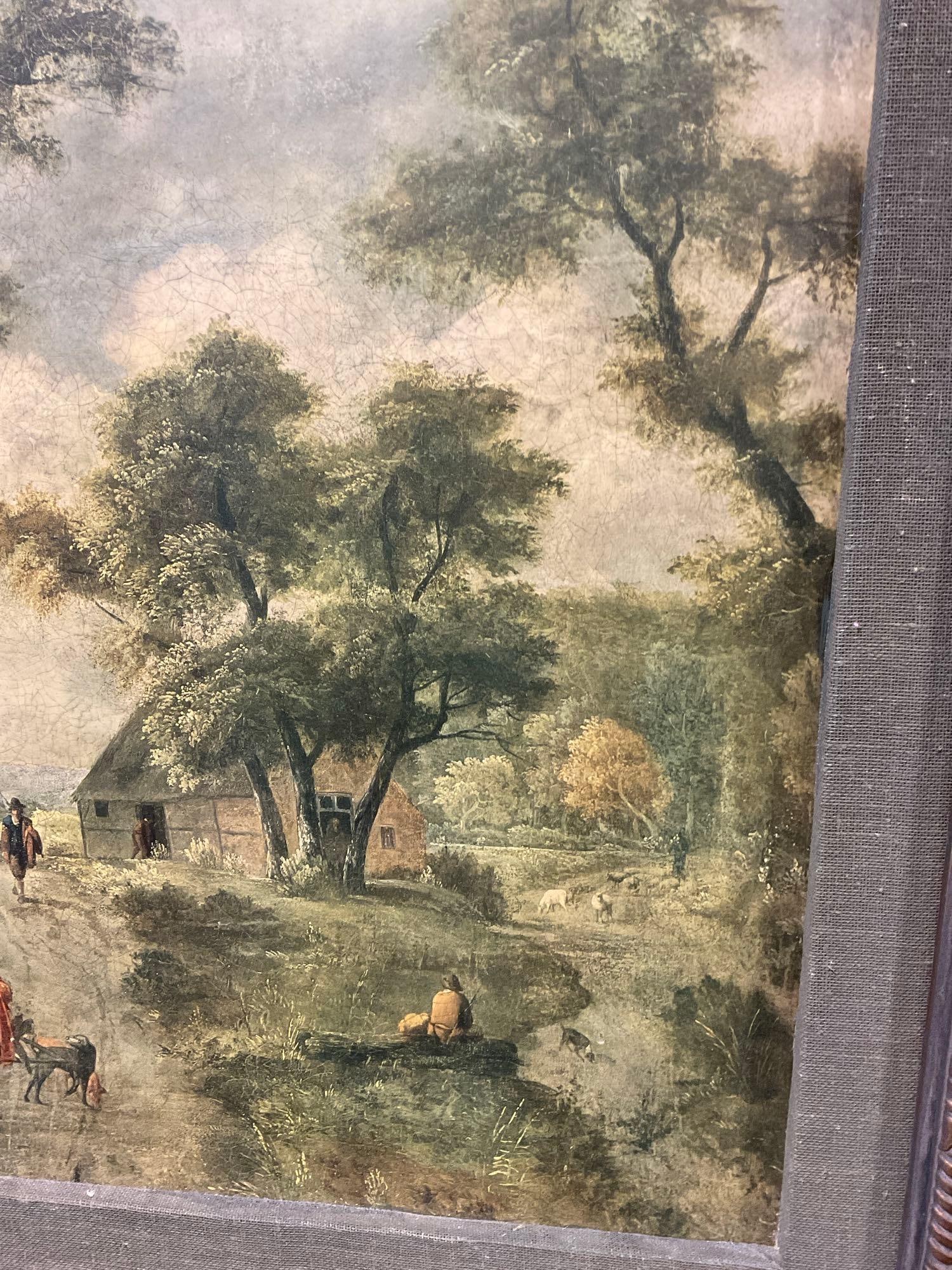 Antique Large Framed Oil on Canvas, Victorian Village path scene, 29h x 39w x 5d inches - 5