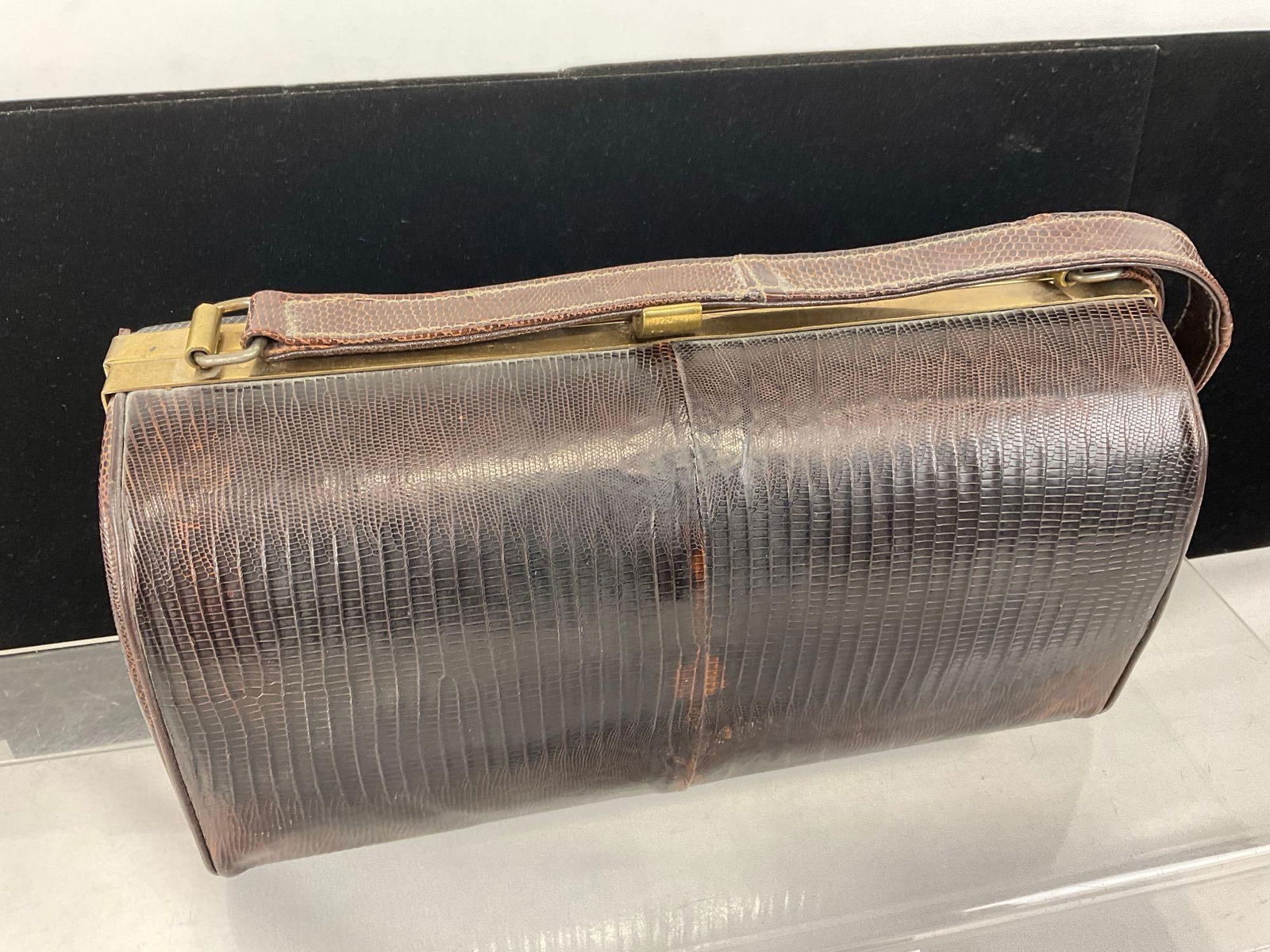 1950s Cobra (?) Skin Leather Purse, 6h x 10w x 5d inches, Gold-Tone Metal - 2