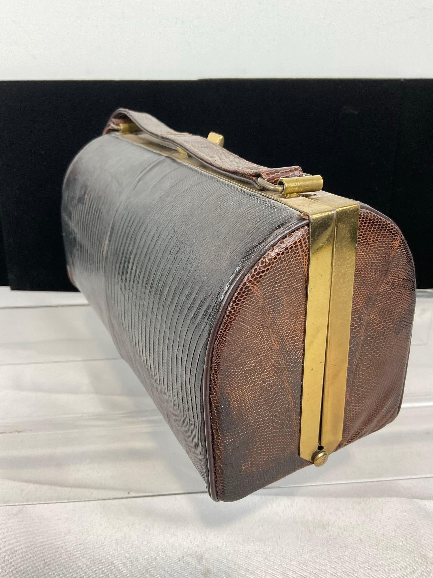 1950s Cobra (?) Skin Leather Purse, 6h x 10w x 5d inches, Gold-Tone Metal - 3