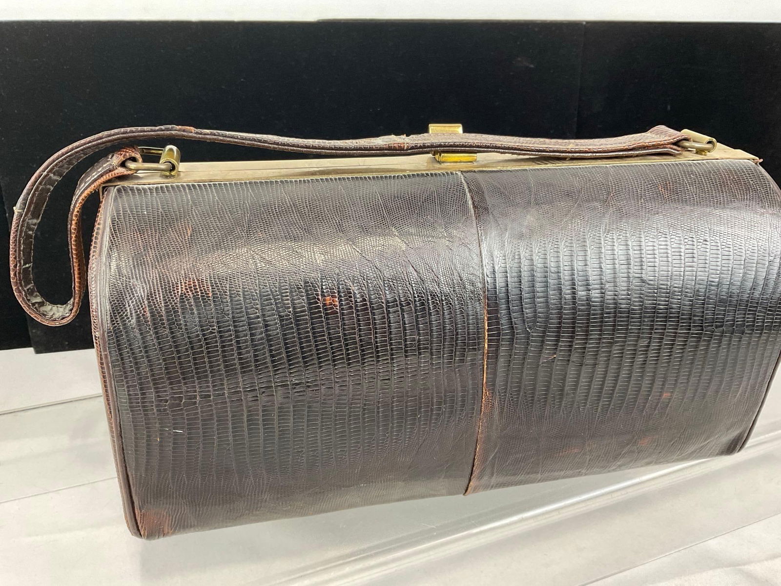 1950s Cobra (?) Skin Leather Purse, 6h x 10w x 5d inches, Gold-Tone Metal - 4