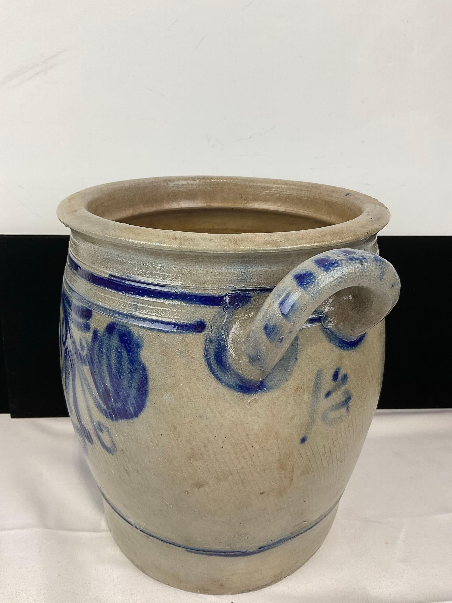 Cobalt Blue Painted Salt Glazed Double Handled Crock, 11h x 12w x 10d inches - 3