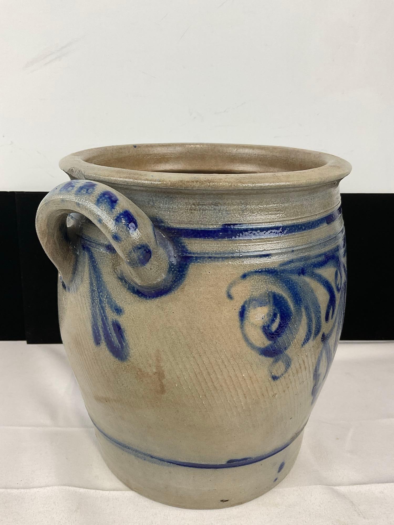Cobalt Blue Painted Salt Glazed Double Handled Crock, 11h x 12w x 10d inches - 4