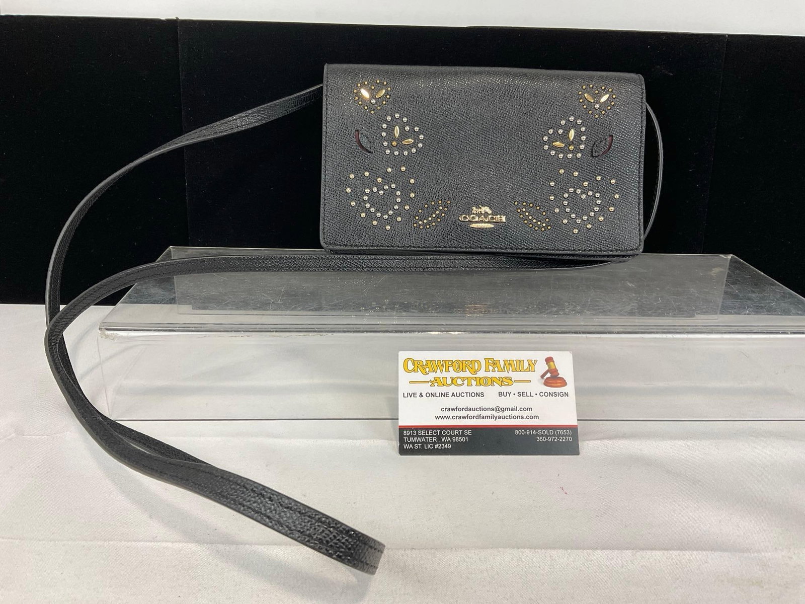 Coach Hayden Foldover Crossbody Clutch, Black w/gold adornments, 6h x 9w x 2d inches: Appears to be in good shape. The piece measures approx 6h x 9w x 2d inches. See pics. E-5520 