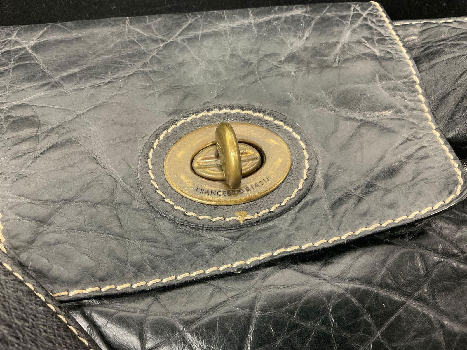 Francescobiasia made in Italy Hobo Bag, Bronze tone w/black textured leather, 10h x 13w x 4d inches - 2