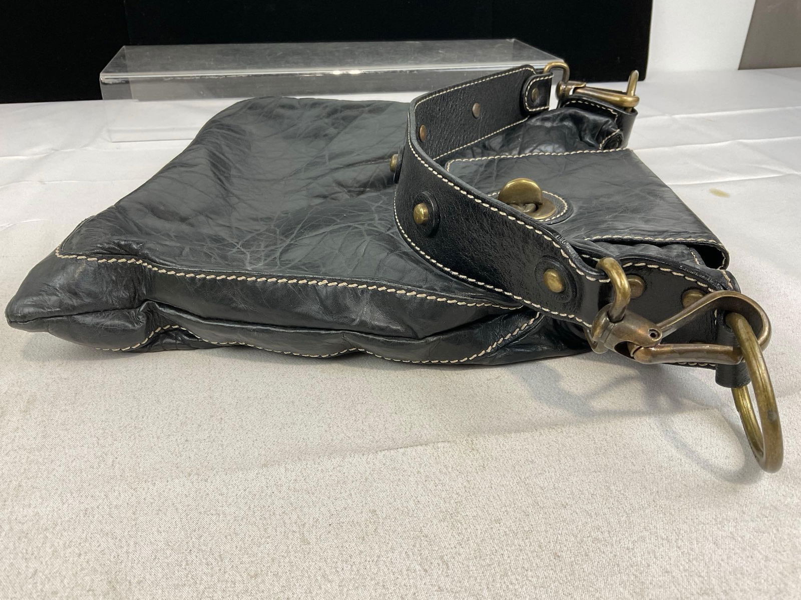 Francescobiasia made in Italy Hobo Bag, Bronze tone w/black textured leather, 10h x 13w x 4d inches - 4